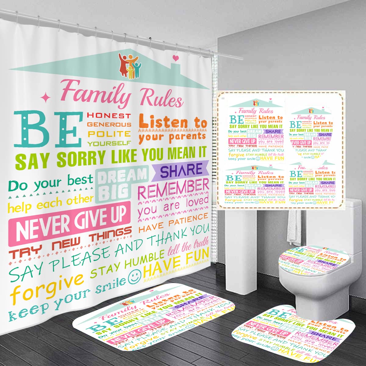 AAtter 4 Piece Kids Shower Curtain Set Girly Girls Boys Teen Toddler Inspirational 60Wx72L Inch Decor with Non-Slip Rugs, Toilet Lid Cover and Bath