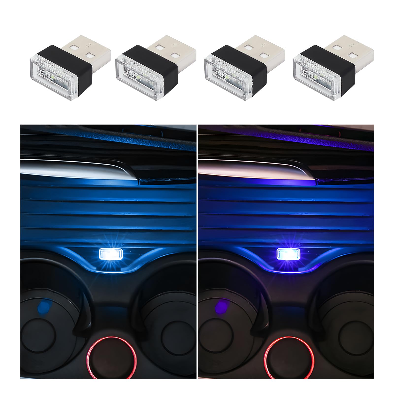 4 PCS USB LED Car Interior Atmosphere Lamp, Portable Mini LED Night Light, Plug-in USB Interface Trunk Ambient Lighting Kit, Universal Vehicle Interior Accessories (Blue+Ice Blue)