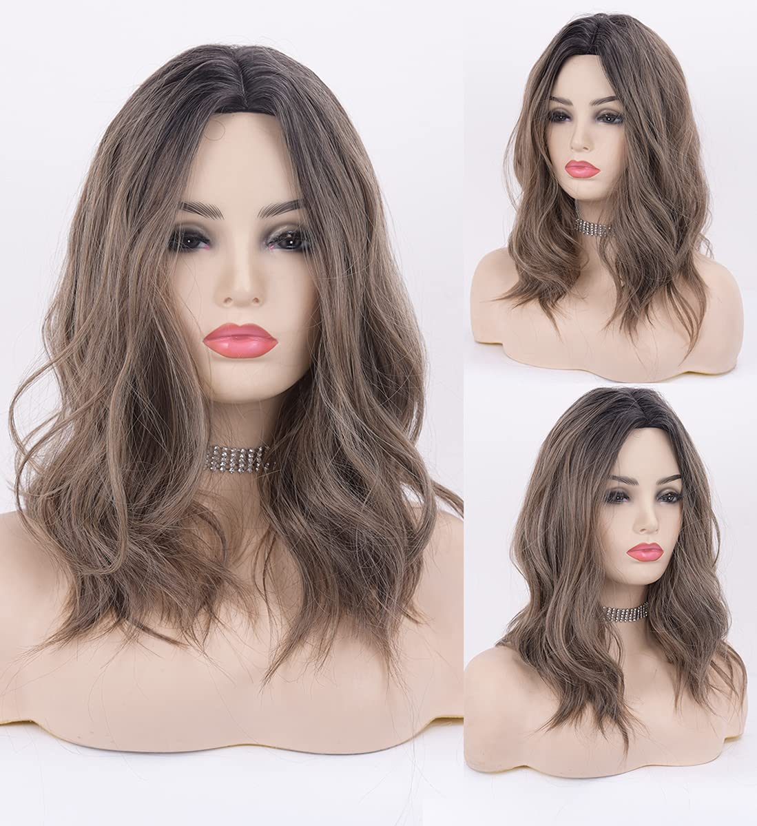 LANOVA Ombre Brown Wigs with Black Roots Natural Looking Mixed Blonde Hair Brown Wig Synthetic Wigs for Afros 16 inch Middle Part LANOVA-107