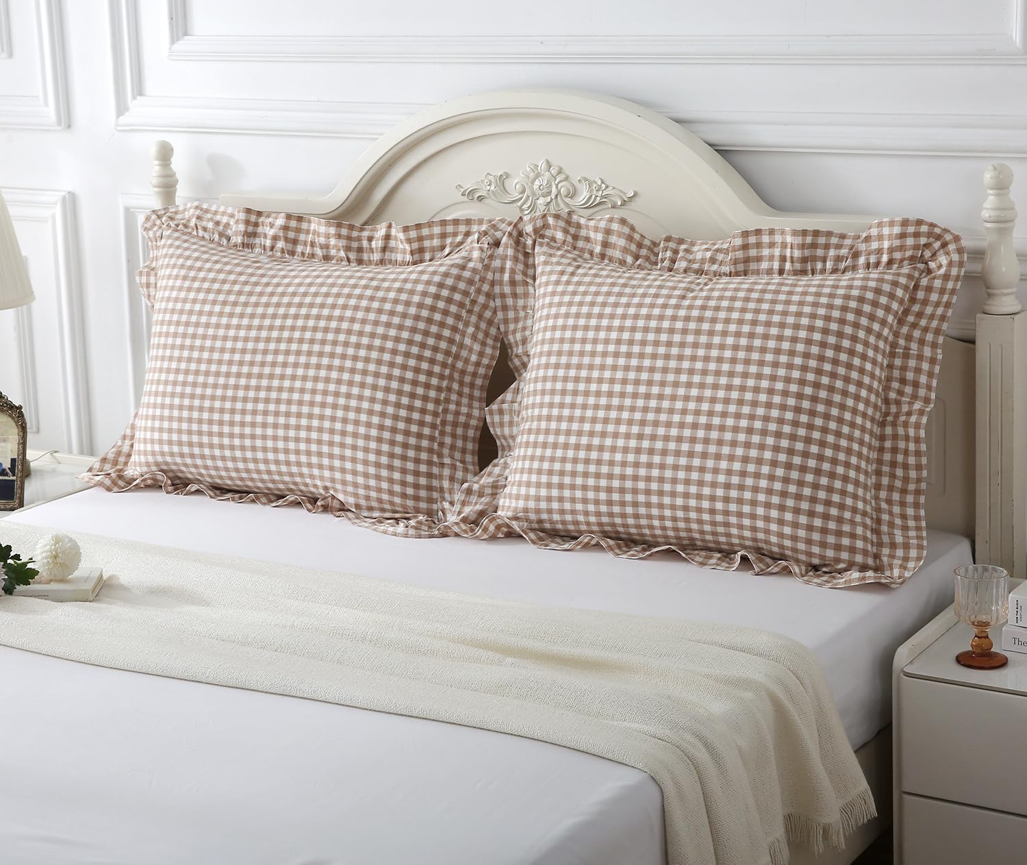 Taupe Ruffled Plaid Pillow Shams 20x26 inches,Standard Size Set of 2,Vintage Checkered Washed Cotton Bed Pillow for Bed, Sofa