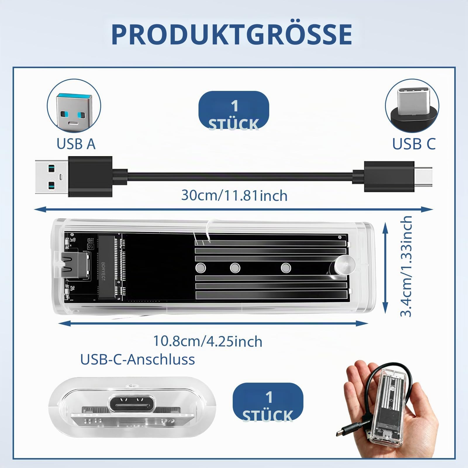 M.2 SSD Gehäuse SATA NGFF USB C, Nicht kompatibel mit NVME oder PCIe M-Key-SSDs, M.2 SATA Adapter für B / B+M 2230 2242 2260 2280, Gehäuse USB 3.1 Gen1 5 Gbit/s für M.2 SSD NGFF Festplatte