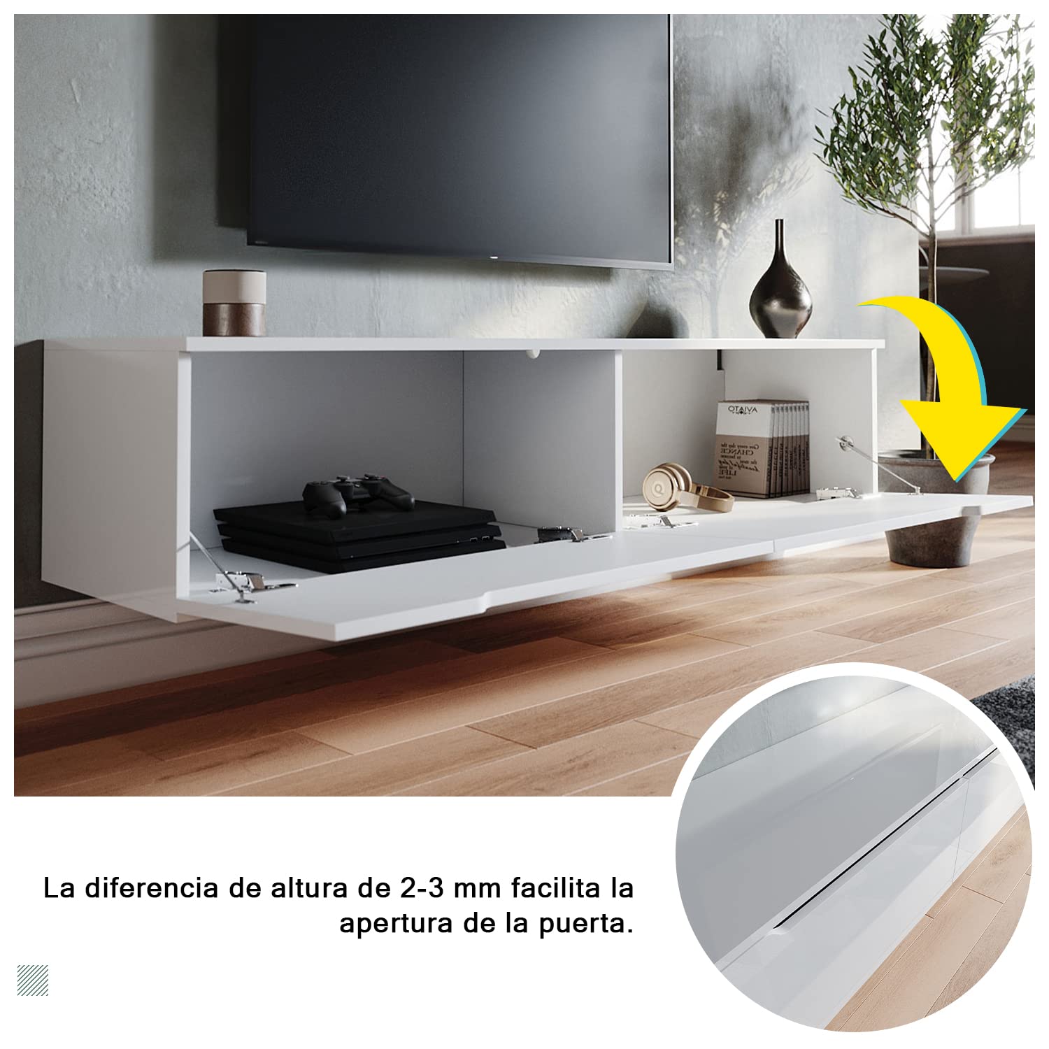 SONNI Mueble TV Suspendido Blanco Brillo con Luces 12 Colores,Mueble de Salón con LED Madera 2 Puertas Abatibles 140 cm