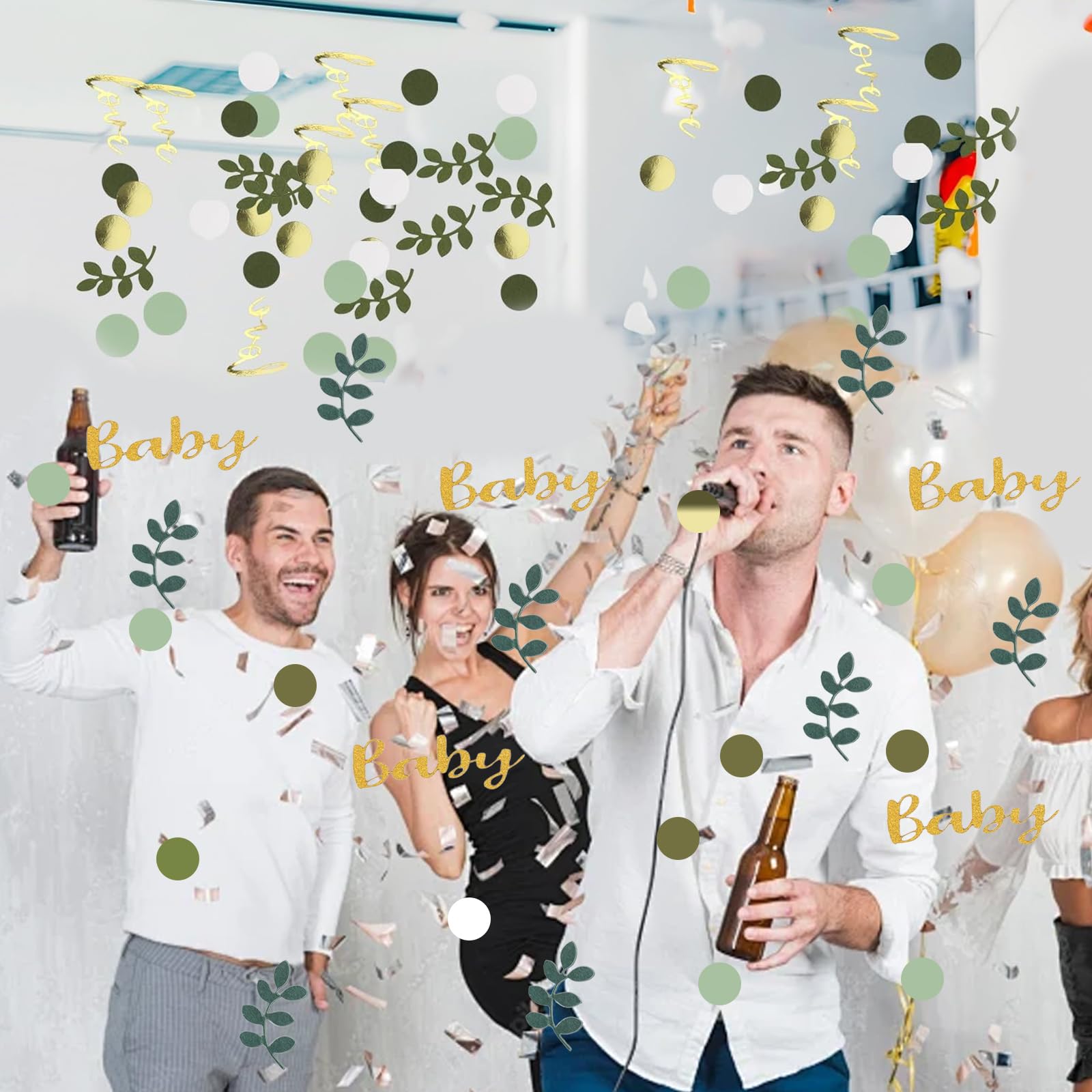 100 Confettis Baby Shower En Carton Dur - Motifs Feuilles, Pois, Lettres « Baby » - Couleurs Champagne, Or, Vert Sauge - Pour Décoration De Table, Révélation De Genre