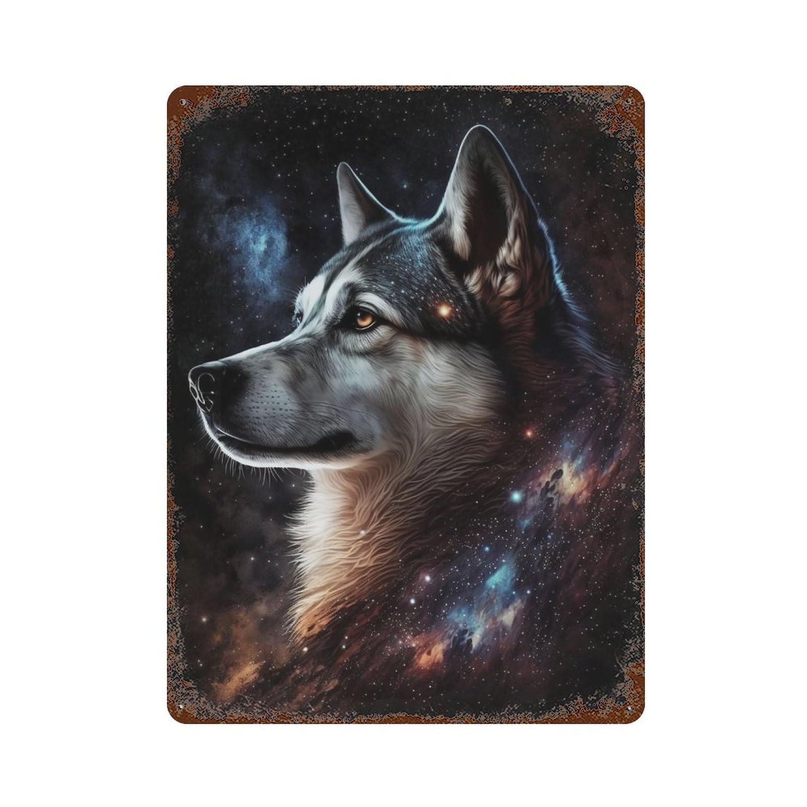 Galactic Wolf Portrait-9 15.7"x11.8" Rustic Tin Plaque, Novelty Wall Decor for Bistro, Counter And Cafe Decor