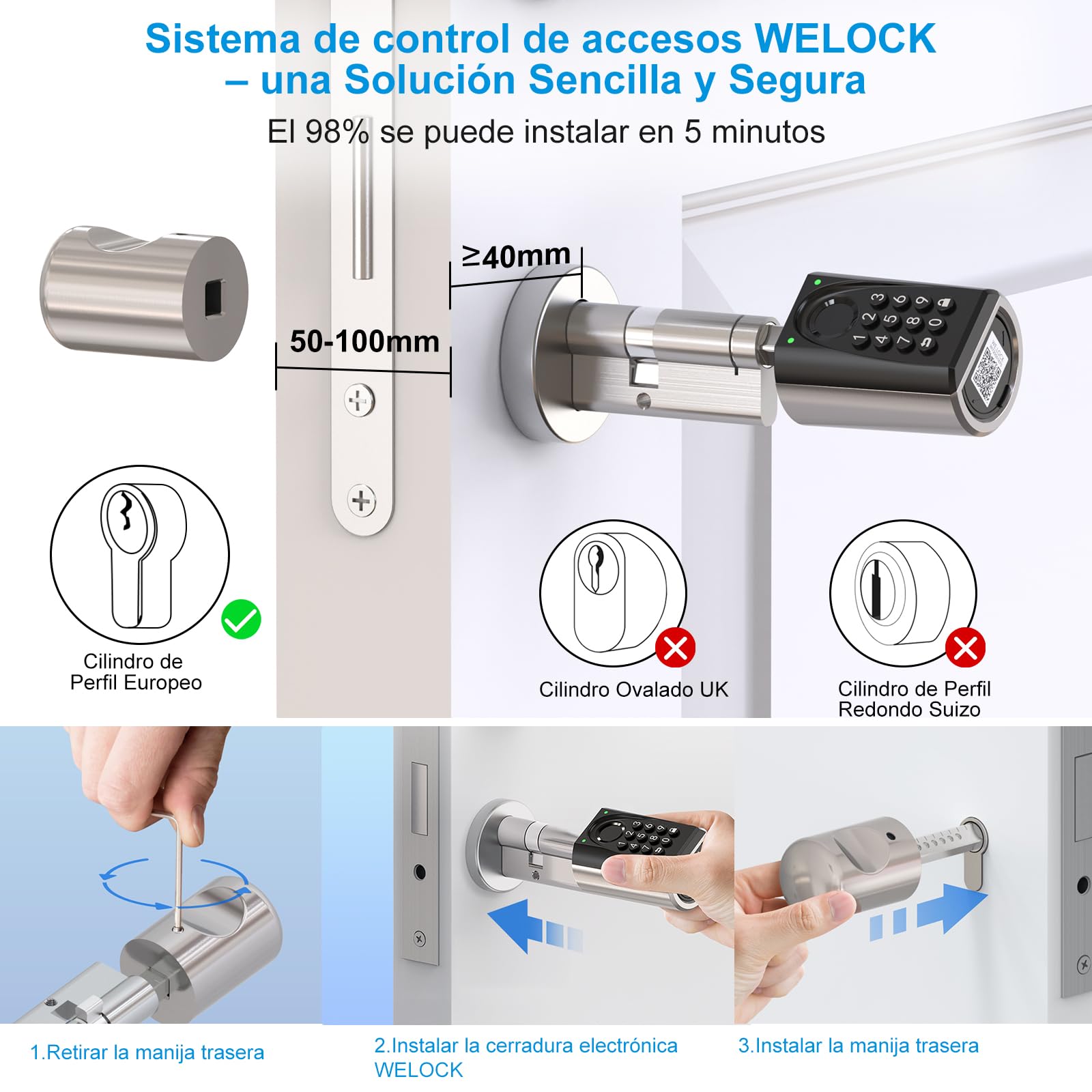 WELOCK ToucA51 Pro Smart Lock,Cerradura con Huella Digital,Contraseña,Tarjeta RFID y APP,Cerradura Inteligente WiFi,cerradura electronica exterior 40/30 para puertas de 50 a 100mm,Fácil instalación