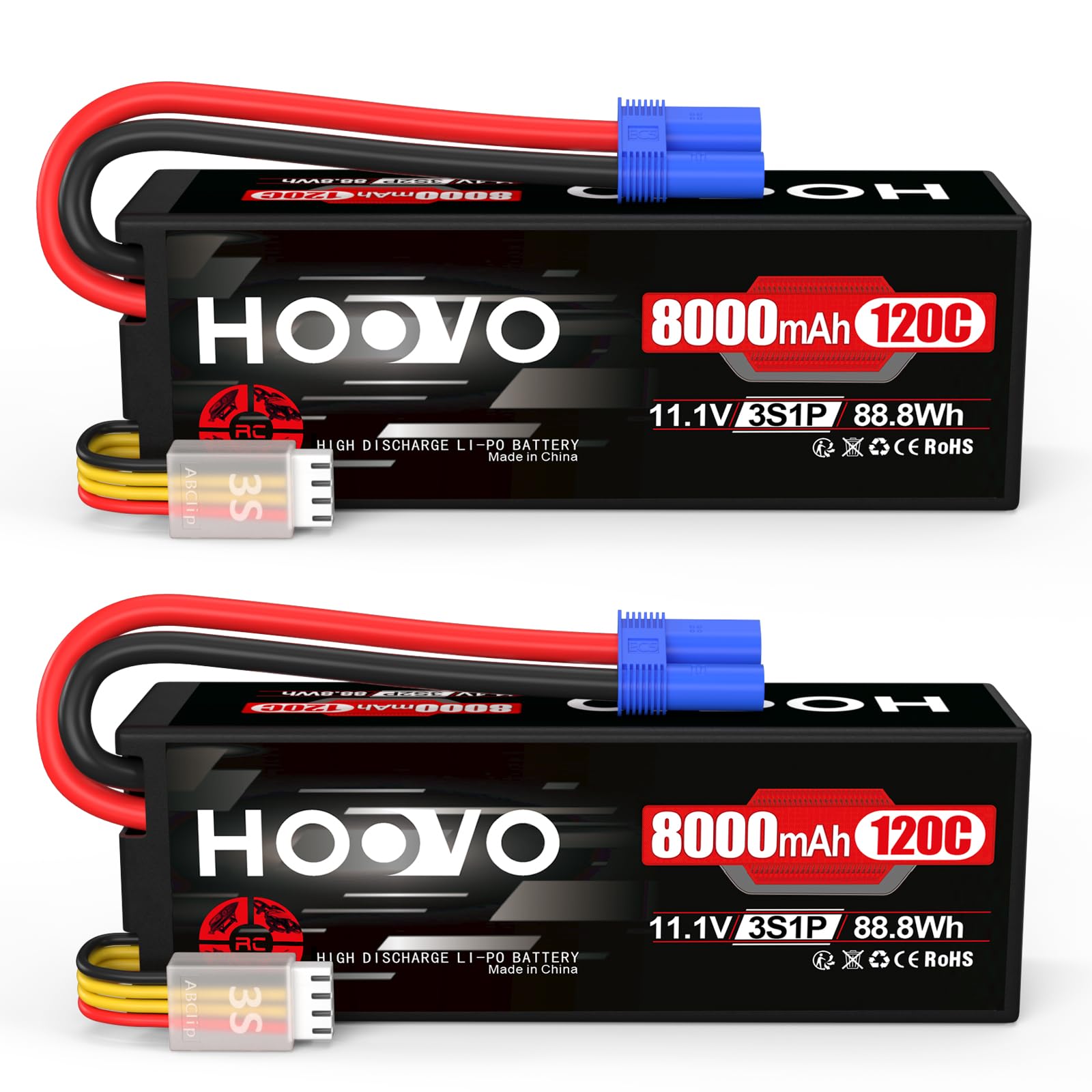 HOOVO 11.1 V Lipo Battery 3S 8000 mAh 120C Hard Case RC Battery Batteries with EC5 Connector Plug for RC Scale Helicopter Vehicles Car Truck Boats Hobby (2 packs)