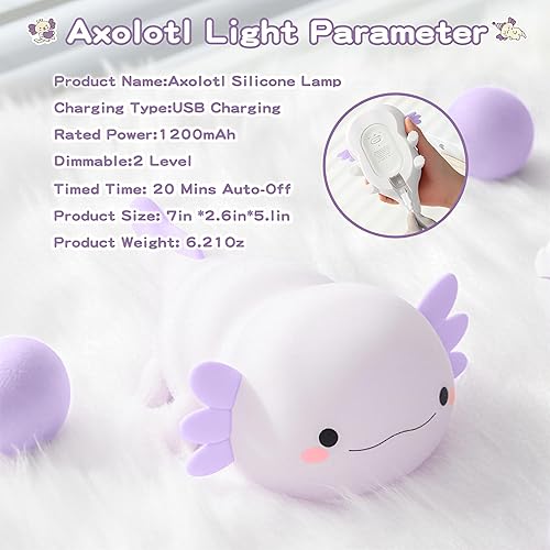 Miniatura 7 de Axolotl - Luz nocturna para niños, bonita lámpara de ajolote morado, luz nocturna LED blanda para guardería, lámpara táctil de cabecera de silicona