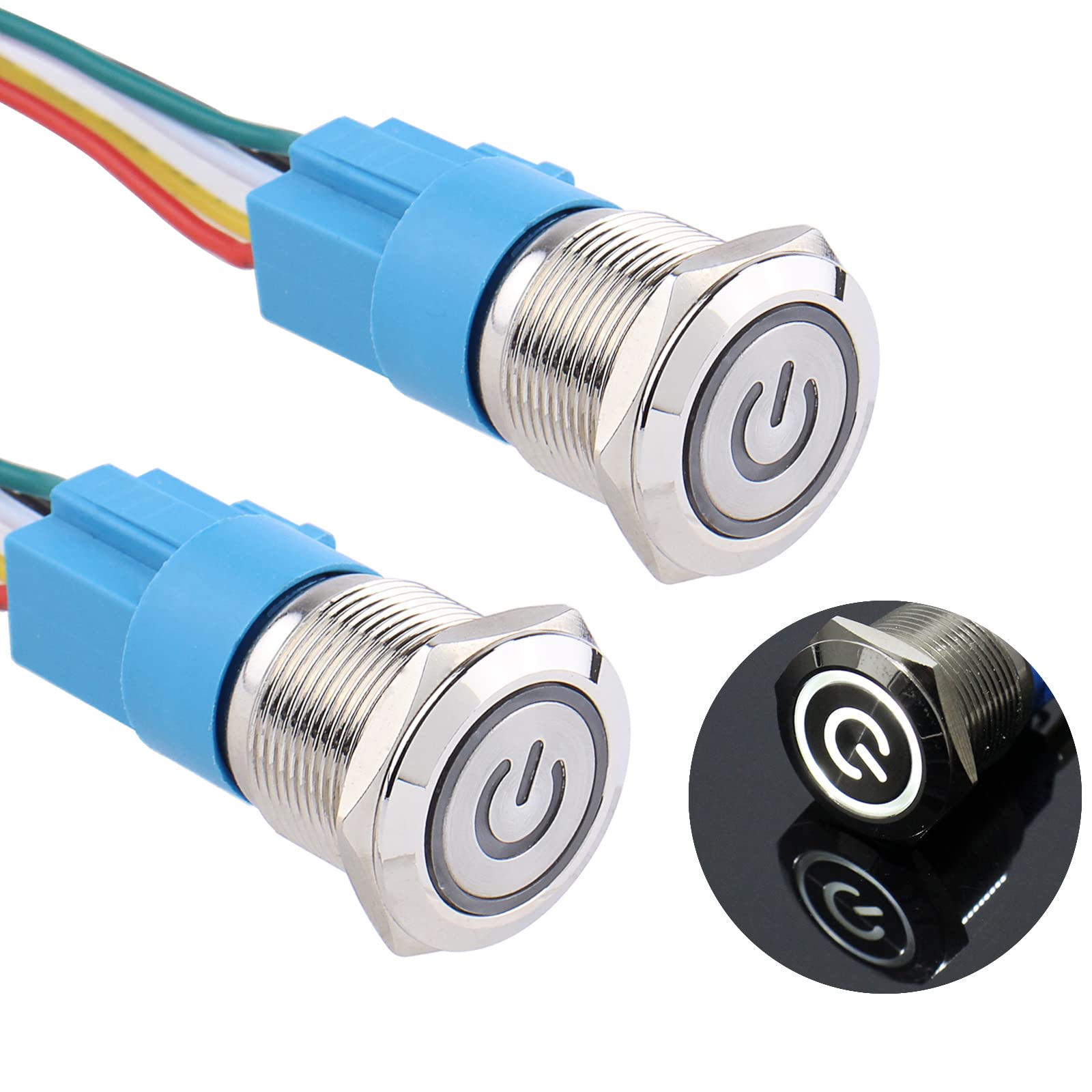 DMWD 2PCS 19mm Latching Push Button Switch 12V-24V On/Off 1NO 1NC Self-Locking Metal Silver Shell with Socket for 3/4" Mounting Hole Waterproof IP66