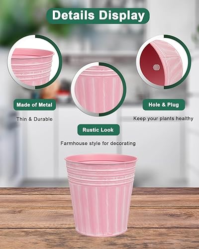 Miniatura 3 de vensovo Macetas rústicas de metal rosa de 6 pulgadas, 6 macetas galvanizadas medianas con orificio de drenaje y tapón de goma, macetas de metal