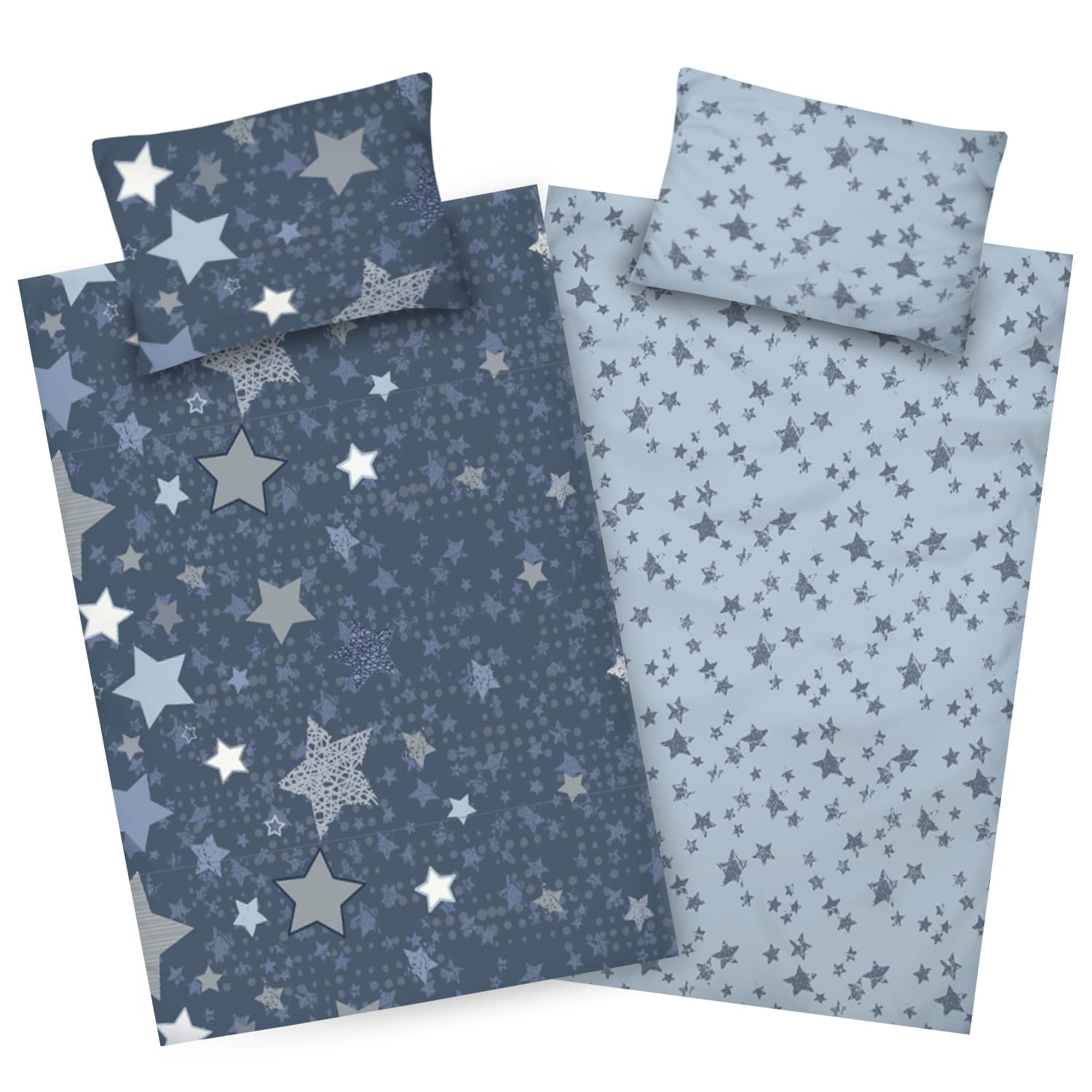 Aminata kids Biber Kinder-Bettwäsche 100x135 cm Sterne 100% Baumwolle blau | Kinder-Wende-Bettwäsche-Set mit Reißverschluss 100x135 40x60 cm - Stern-Motiv