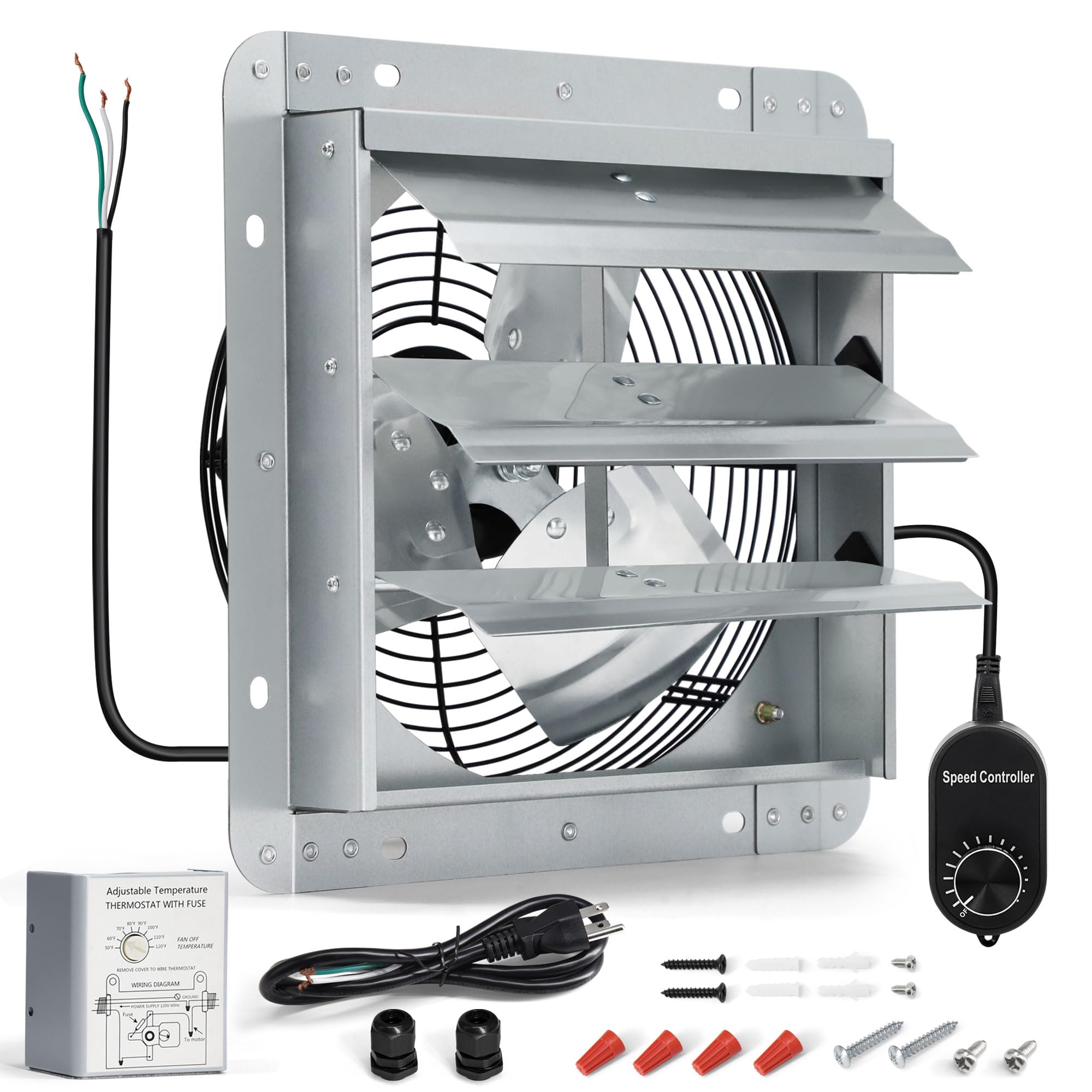 10 Inch Shutter Exhaust Fan, Wall Mount Attic Fan with Thermostat and Speed Controller for Greenhouses, Sheds, Garages, Chicken Coops, Barns Ventilation, 820 CFM