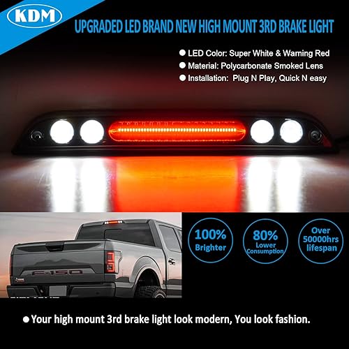 Miniatura 2 de KDM Luz de freno LED de 3ª lente ahumada, apta para Ford F150 F250 F350 F450 2015-2020, montaje alto trasero de tercera parada roja + lámpara blanca