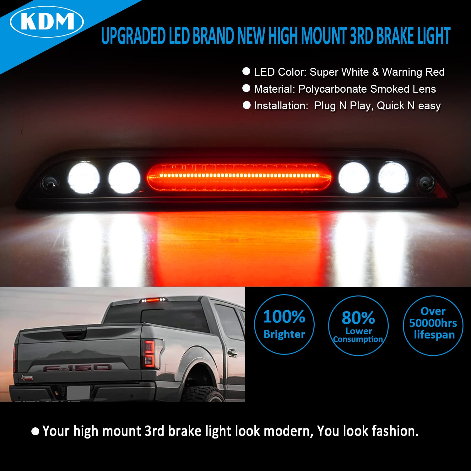 KDM Smoked Lens LED 3rd Brake Light, Fit for 2015-2020 Ford F150 F250 F350 F450,Rear High Mount Third Stop Tail Red + Roof Cargo White Lamp,1Pack