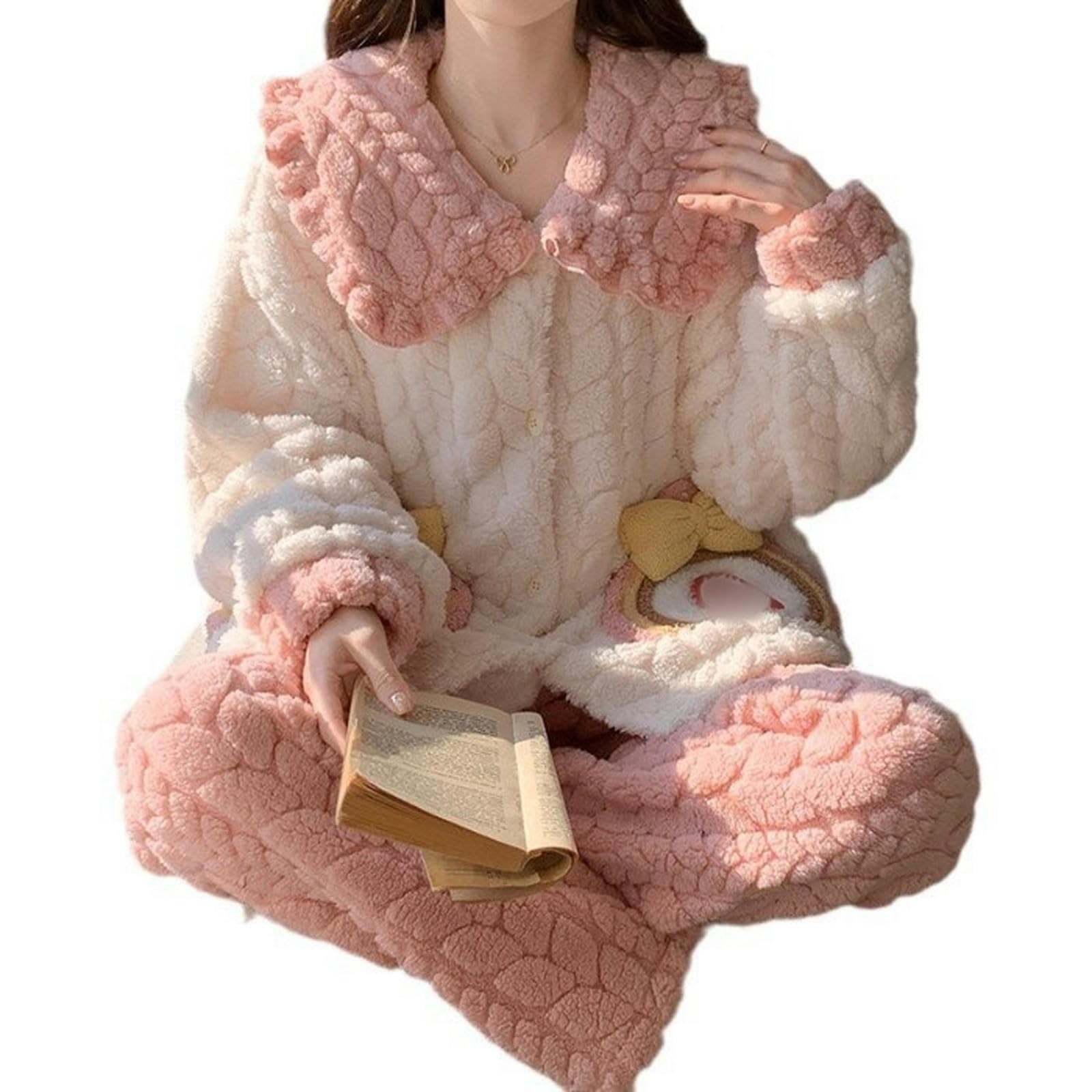 Pyjama Winterhose Süßes Mädchen Hauskleidung Anzug Langarm Großer Revers Jacquard Cardigan Pyjama Weiblich-beige C-m