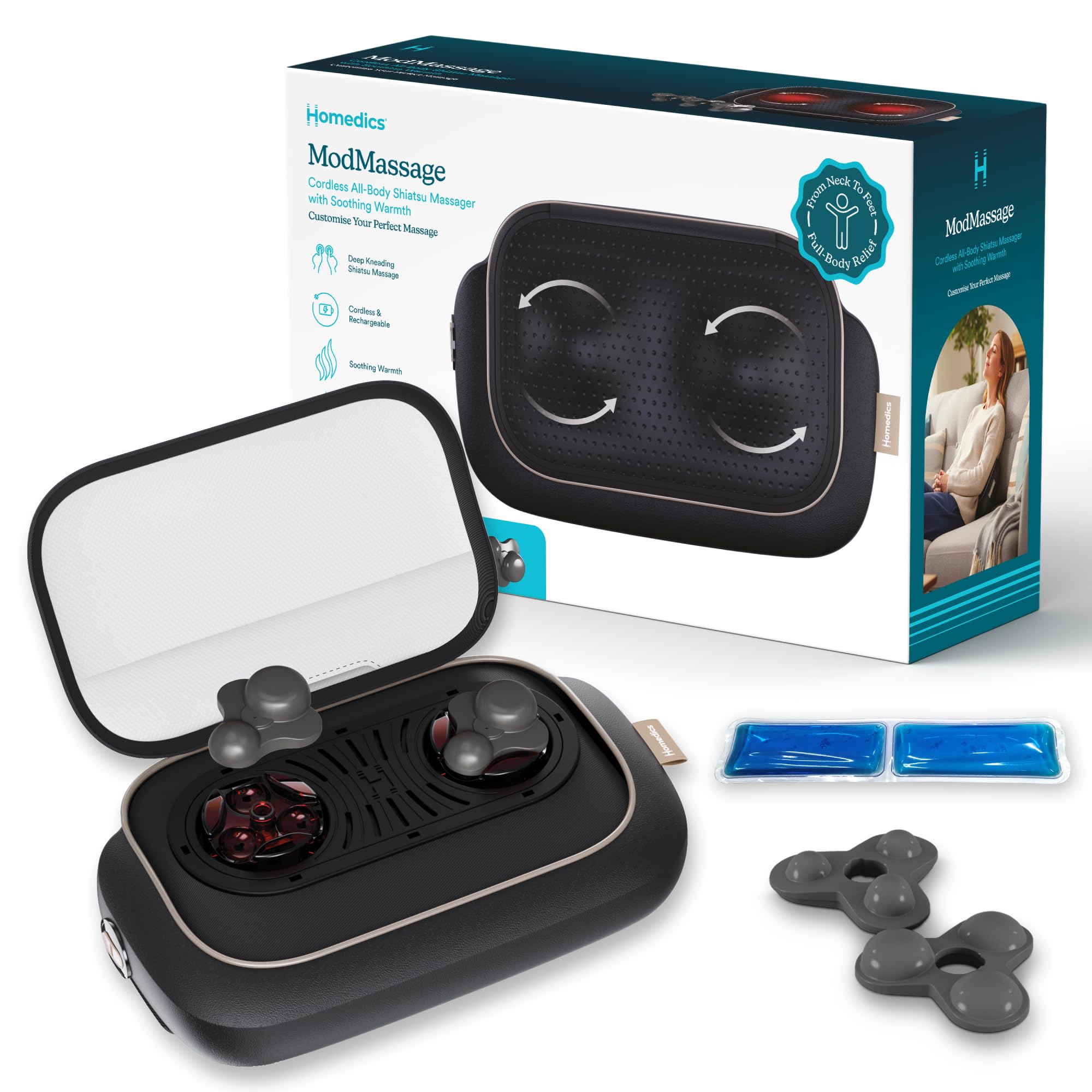 Homedics ModMassage Coussin Shiatsu, Cou, Dos & Épaules, USB-C, 2 Têtes | Coussin De Massage Shiatsu Corps Entier, Appareil De Massage Dos Nuque Pieds, 2 Têtes Interchangeables, Chaud & Froid, USB-C
