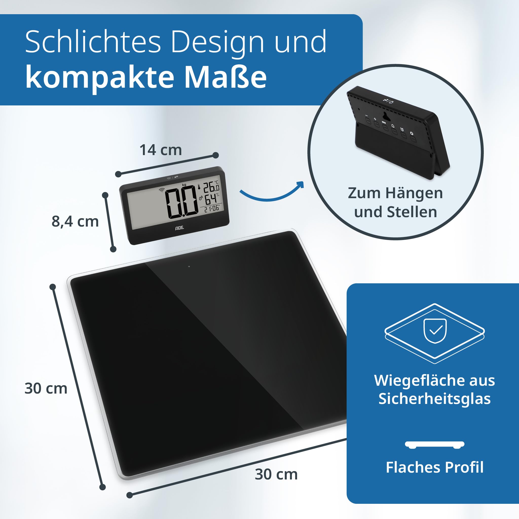 ADE Digitale Personenwaage Ronja mit Funk-Display bis 180 kg | ohne Bücken auf Augenhöhe ablesen | ideale Körperwaage für Senioren | mit Baduhr, Hygrometer, Innenthermometer | schwarz