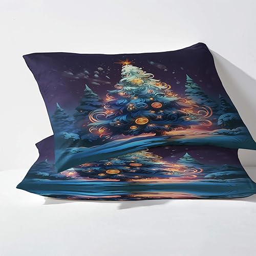 Miniatura 3 de H-6&-352 - Juego de sábanas para árbol de Navidad, sábanas y fundas de almohada estampadas, 4 piezas, sábana bajera ajustable de microfibra suave