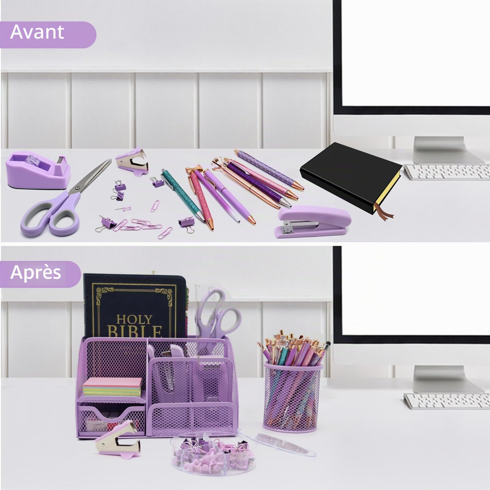 Organisateurs de bureau 12 en 1 violet et accessoires violets fournitures de bureau violettes agrafeuse porte-stylo support ruban agrafes ciseaux règle agrafe pour la maison, l'école, cadeaux pour