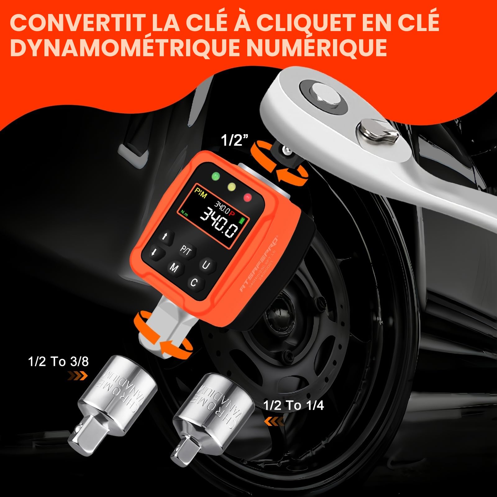 ATsafepro Adaptateur Dynamométrique Numérique 1/2'' 17-340 Nm, Clé Dynamométrique Numérique, Précision ±1% avec Écran LCD Couleur et Buzzer, Adaptateurs 1/4'', 3/8'' pour Voiture, Moto, Vélo