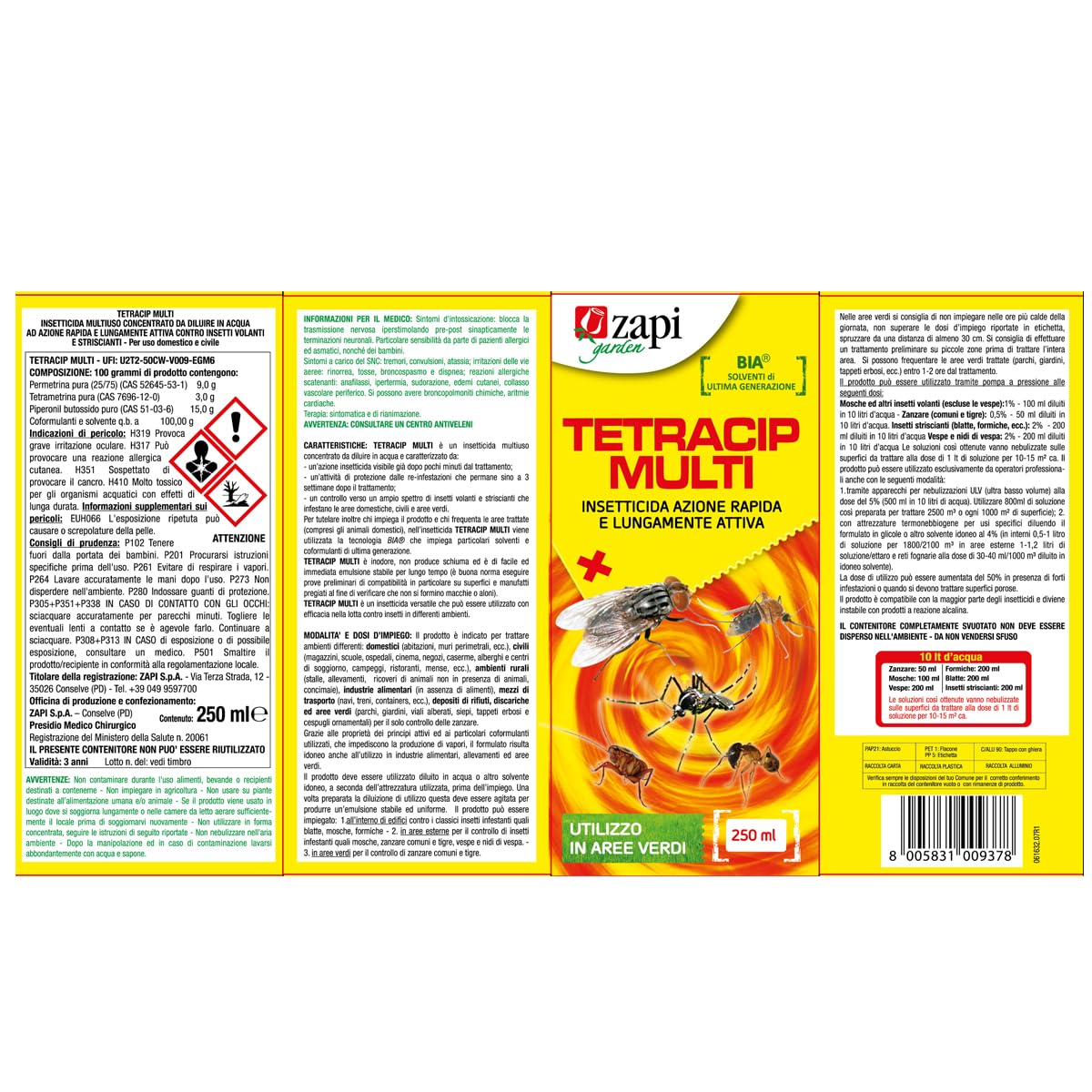 Zapi Garden | Tetracip Multi - Insetticida Multi Insetto, Concentrato Contro Mosche, Zanzare, Blatte, Formiche, Vespe e Nidi, da Esterno, 250ml