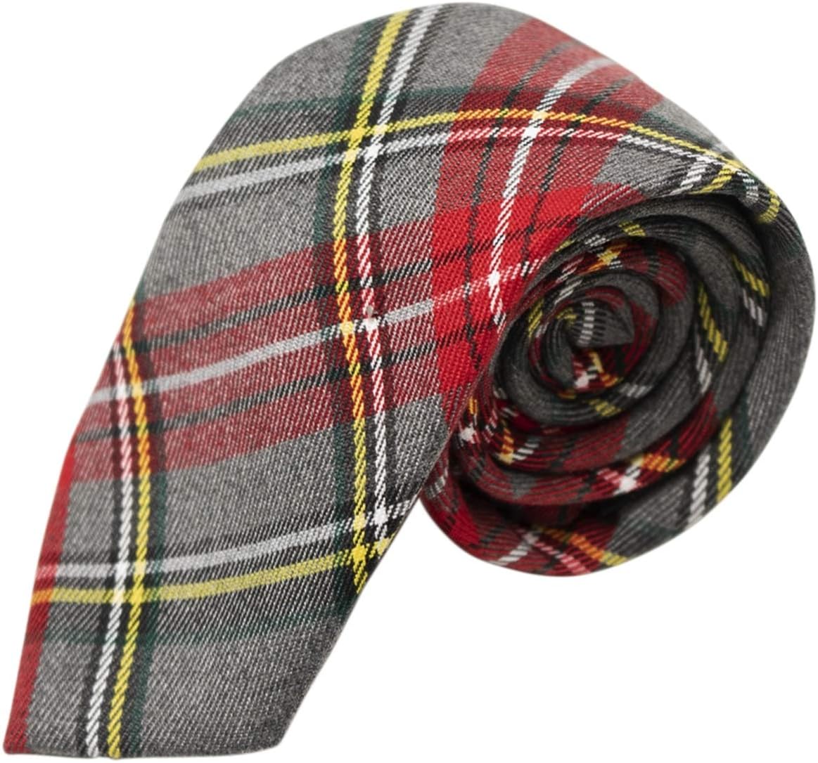 King & Priory Traditional Light Grey & Red Tartan Tie, Check, Plaid, Necktie