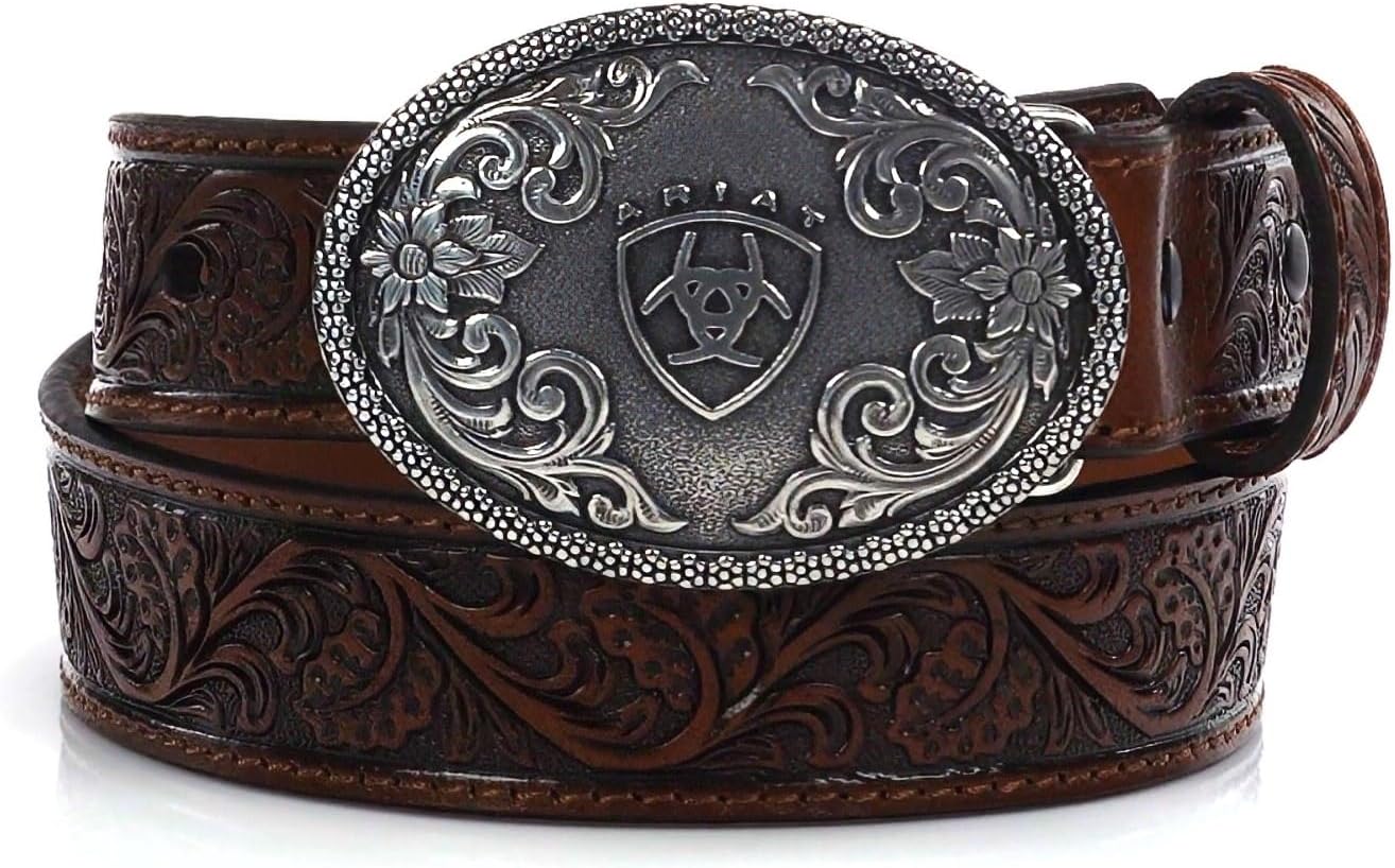 ARIAT Boy's Floral Embossed Leather Belt with Berry Edged Removable Buckle