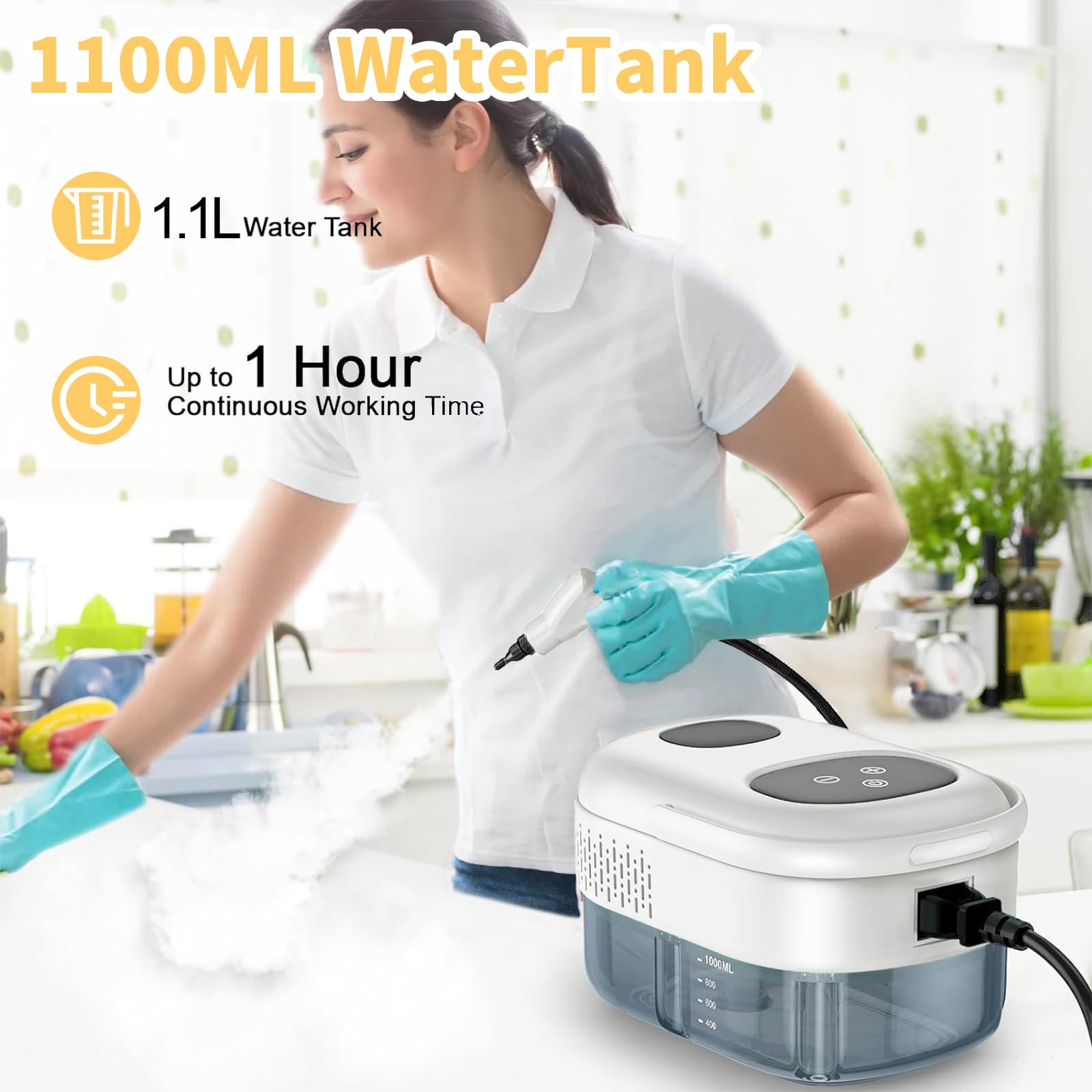 2500W Nettoyeur Vapeur, Nettoyeur Vapeur Portable avec Bouton Tactile Réglable 1100ML, avec 3 Têtes de Brosse Réglables sur 6 Niveaux pour le Nettoyage, Canapés, Carrelage, Voitures