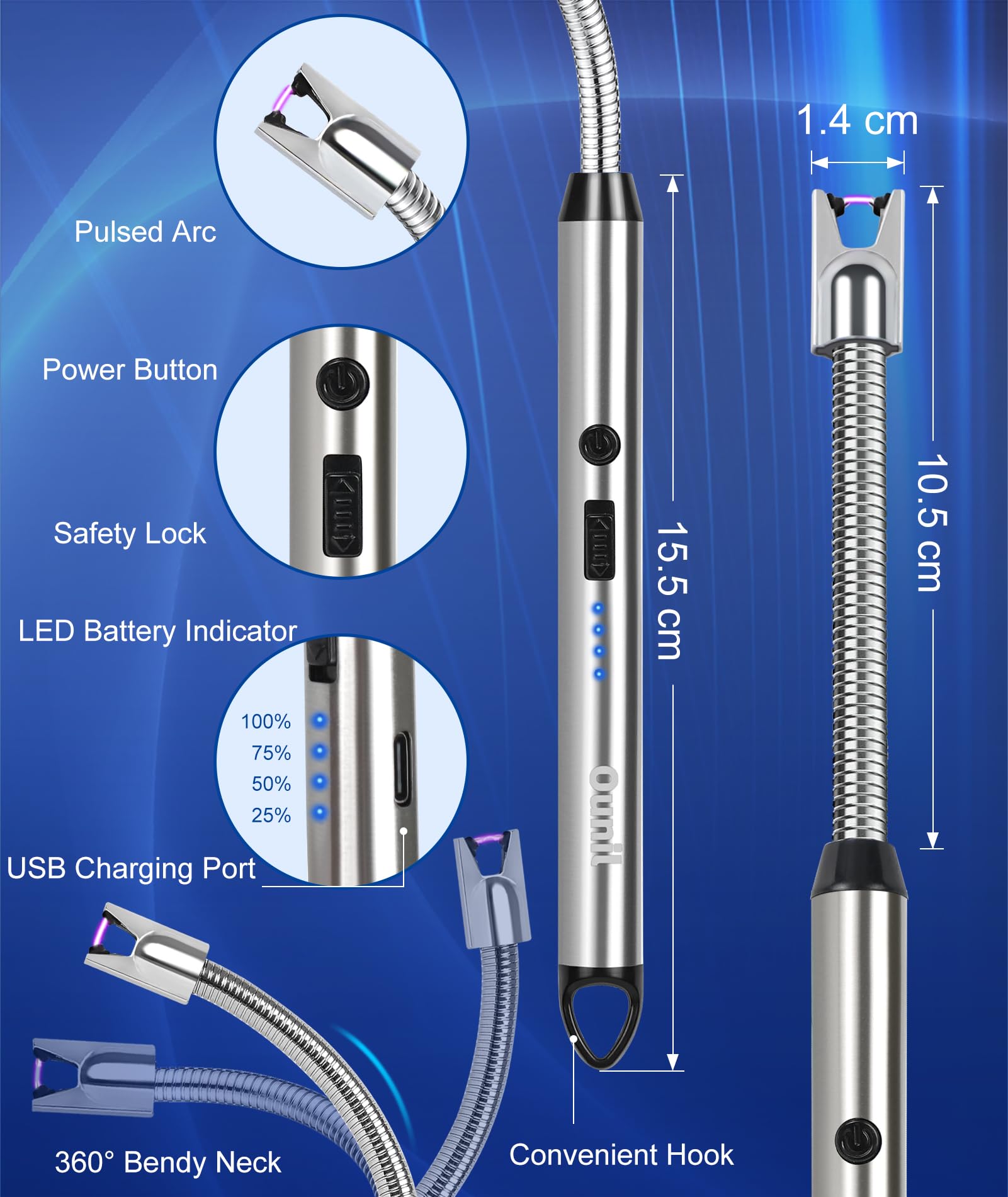 Ounil Electric Lighter 2-Pack Candle lighters USB Rechargeable Type-C Windproof Flameless arc Lighter LED Battery Display, Suitable for Light Candle Firework BBQ Camping (Black&Silver
