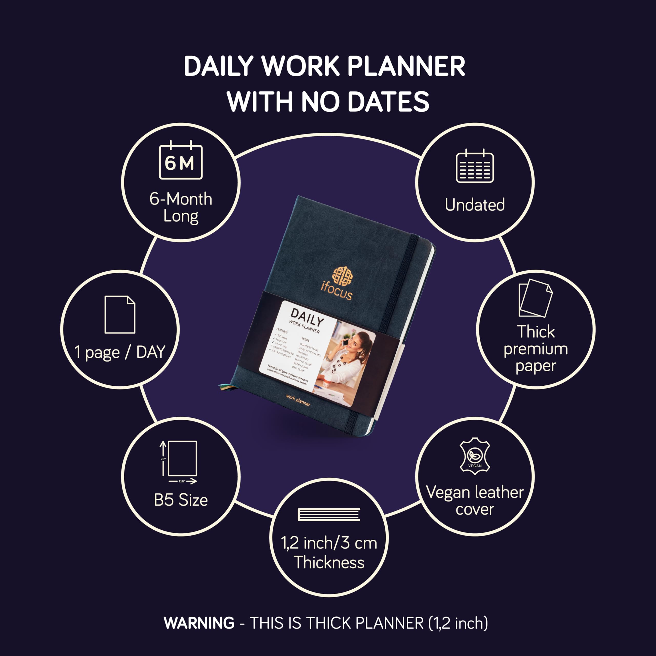 ifocus Planer pracy do projektu biznesowego, wyznaczania harmonogramu i celów, niedatowany co godzinę dzienny tygodniowy miesięczny profesjonalna duża twarda okładka, idealna blokada czasu i pełny