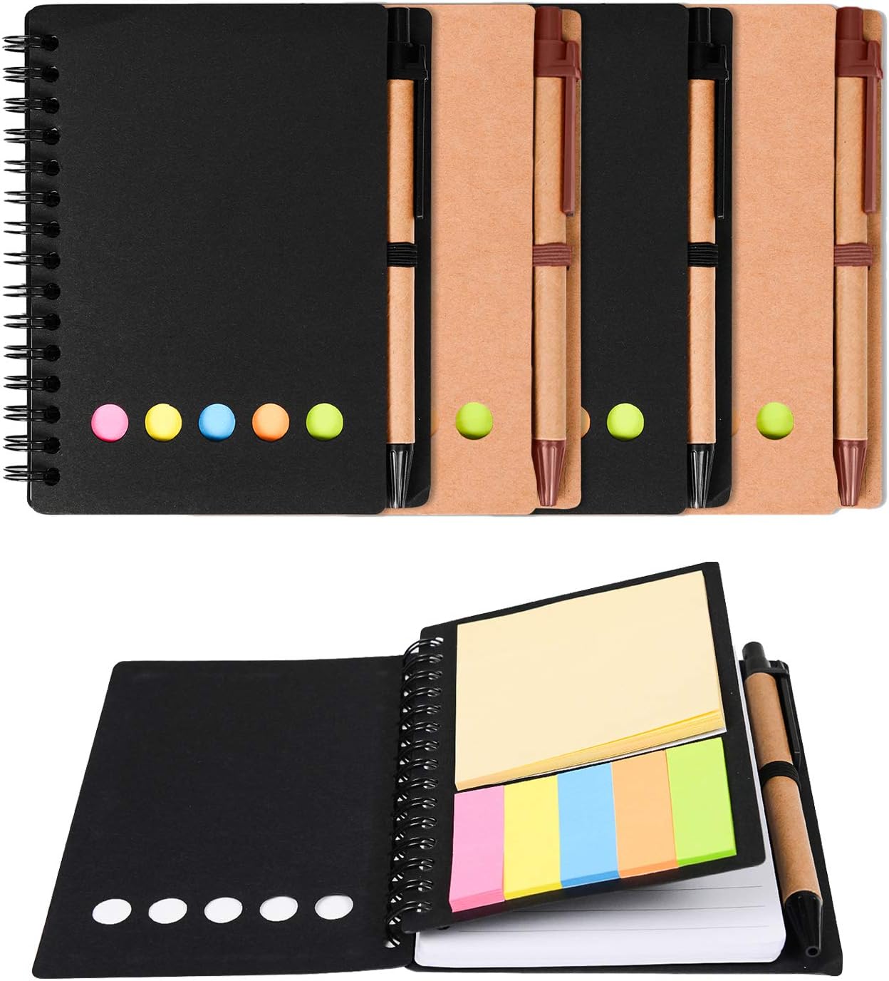 Kisdo 4 Packs Lined Spiral Notebook Kraft Paper Cover Notepad with Pen In Holder, Sticky Notes and Page Marker Colored Index Tabs, 4.5“x5.5” Steno Pocket Business Notebook (Black/Brown 4 Packs)