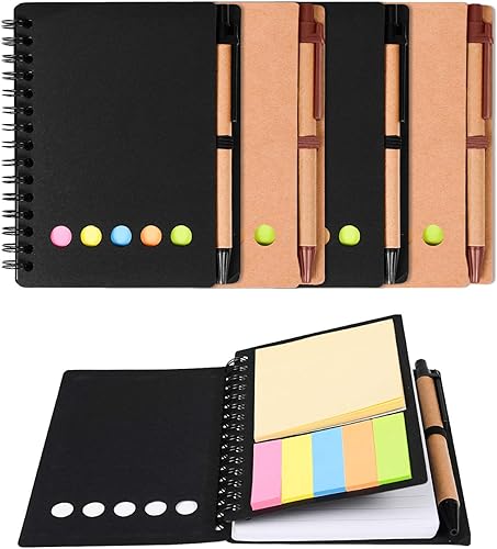 Kisdo - Cuaderno con espiral, 4 unidades, notas adhesivas y soporte para bolígrafo, pestañas de índice de color, marcador de página de color,