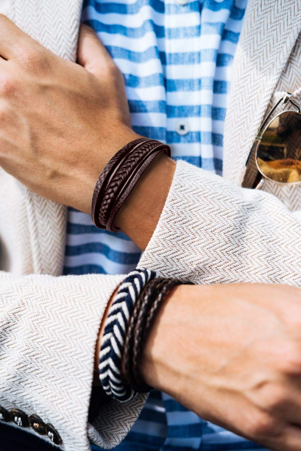 HOOF Bracelet pour homme en cuir véritable tressé noir/marron - 19,5 à 27 cm - Fermoir magnétique - Acier inoxydable - Élégant coffret à bijoux - Cadeau pour homme, ami, partenaire jusqu'à XXXL, 26