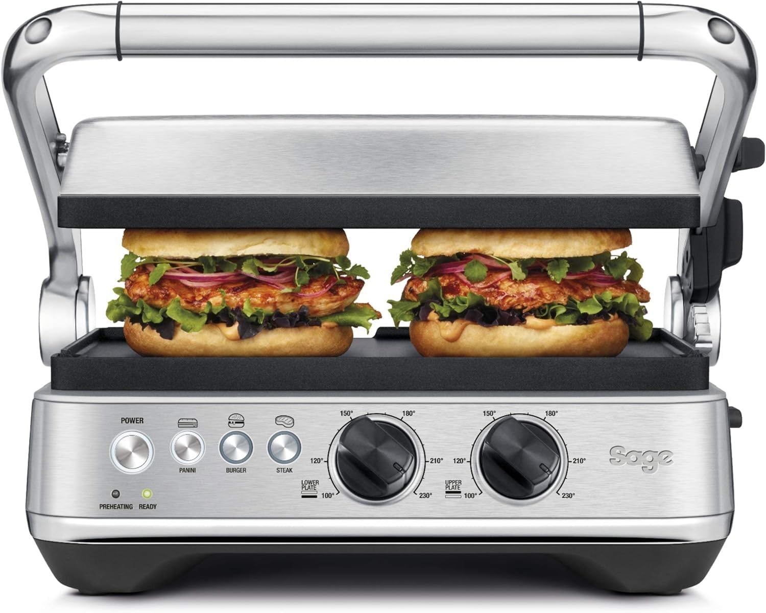 The BBQ & Press Grill - One-Touch Perfect Panini, Burger & Steak, Brushed Stainless Steel