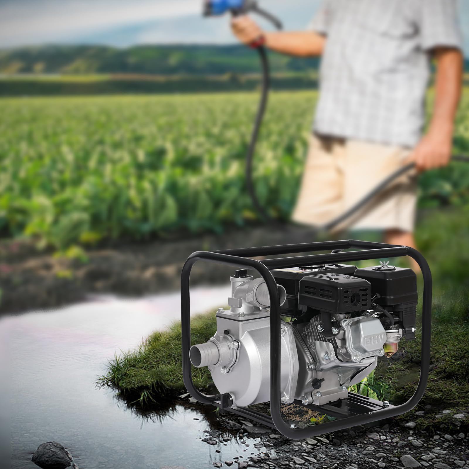 Pompa dell'acqua a benzina a 4 tempi, 6,5 CV, pompa da giardino, per acqua sporca, altezza di portata: 28 m, volume di erogazione 36 m³/h, per irrigazione, paesaggistica