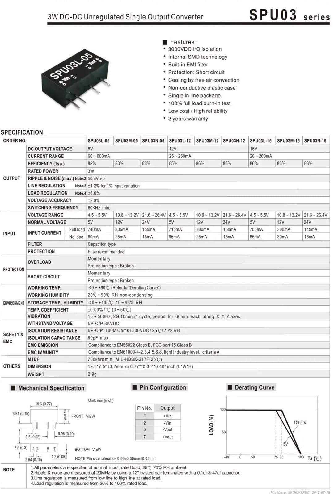 1 Uds SPU03 serie 5V 12V 15 3W SMD DC-DC convertidor de salida única no regulado filtro EMI incorporado(SPU03N-15)