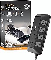 Vista 9 de GE 50769 Protector de sobretensión, cable de extensión de 20 pies, 800 julios, de 6 tomas, enchufe plano, cubiertas de seguridad de girar