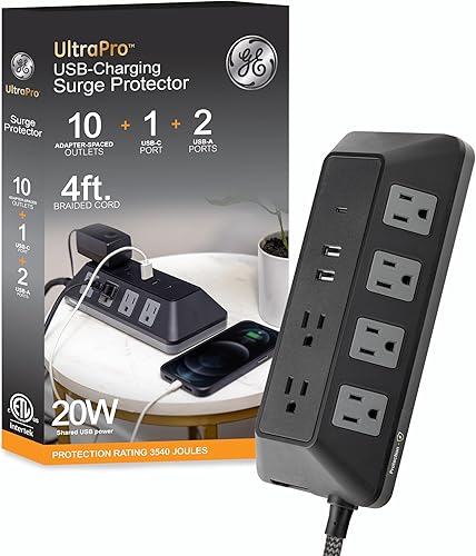 Miniatura 9 de GE 50769 Protector de sobretensión, cable de extensión de 20 pies, 800 julios, de 6 tomas, enchufe plano, cubiertas de seguridad de girar