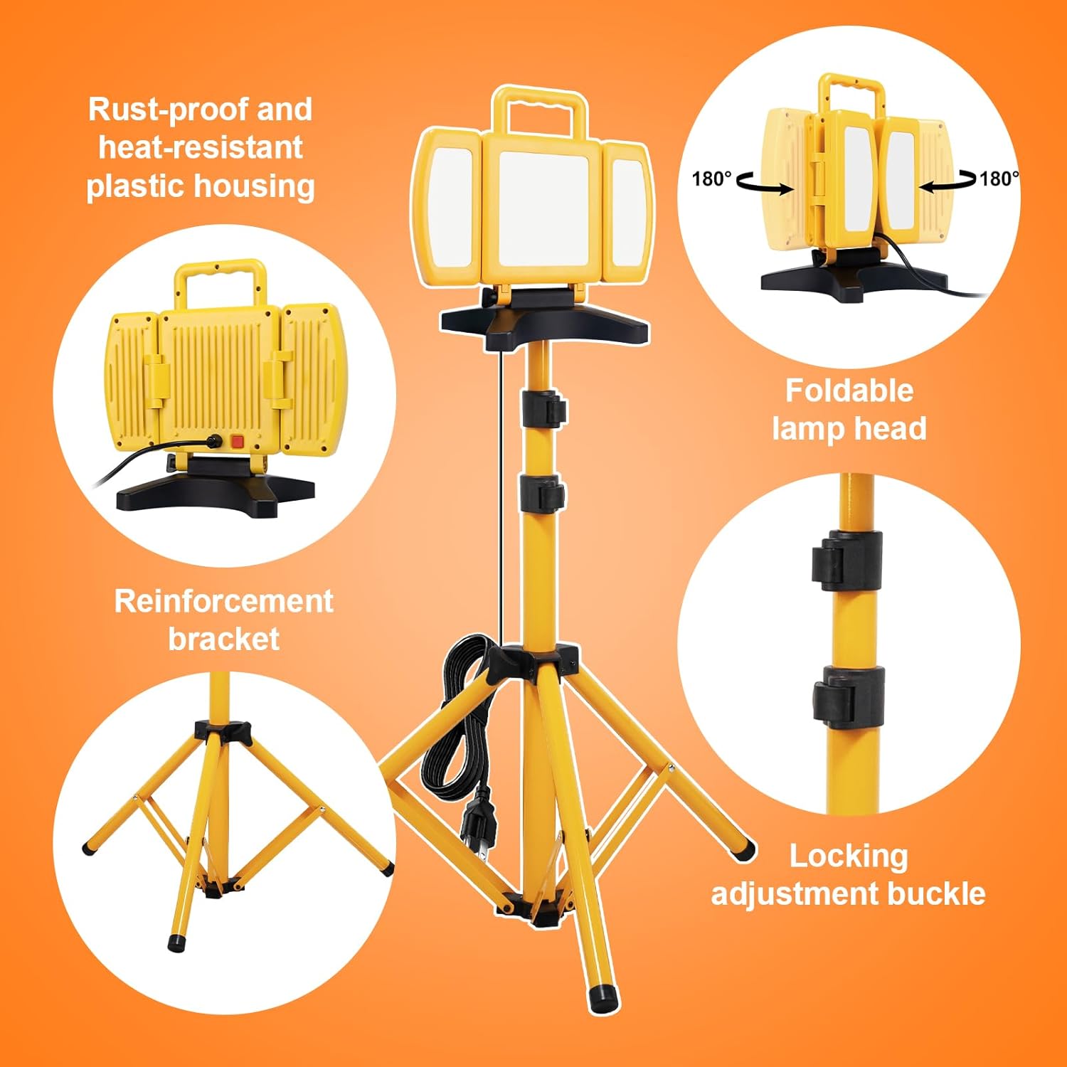 LED Work Light with Stand, 3 Adjustable Head Work Light with Adjustable and Foldable Tripod Stand, Waterproof Rotating Job Site Light for Indoor Outdoor Portable Lighting