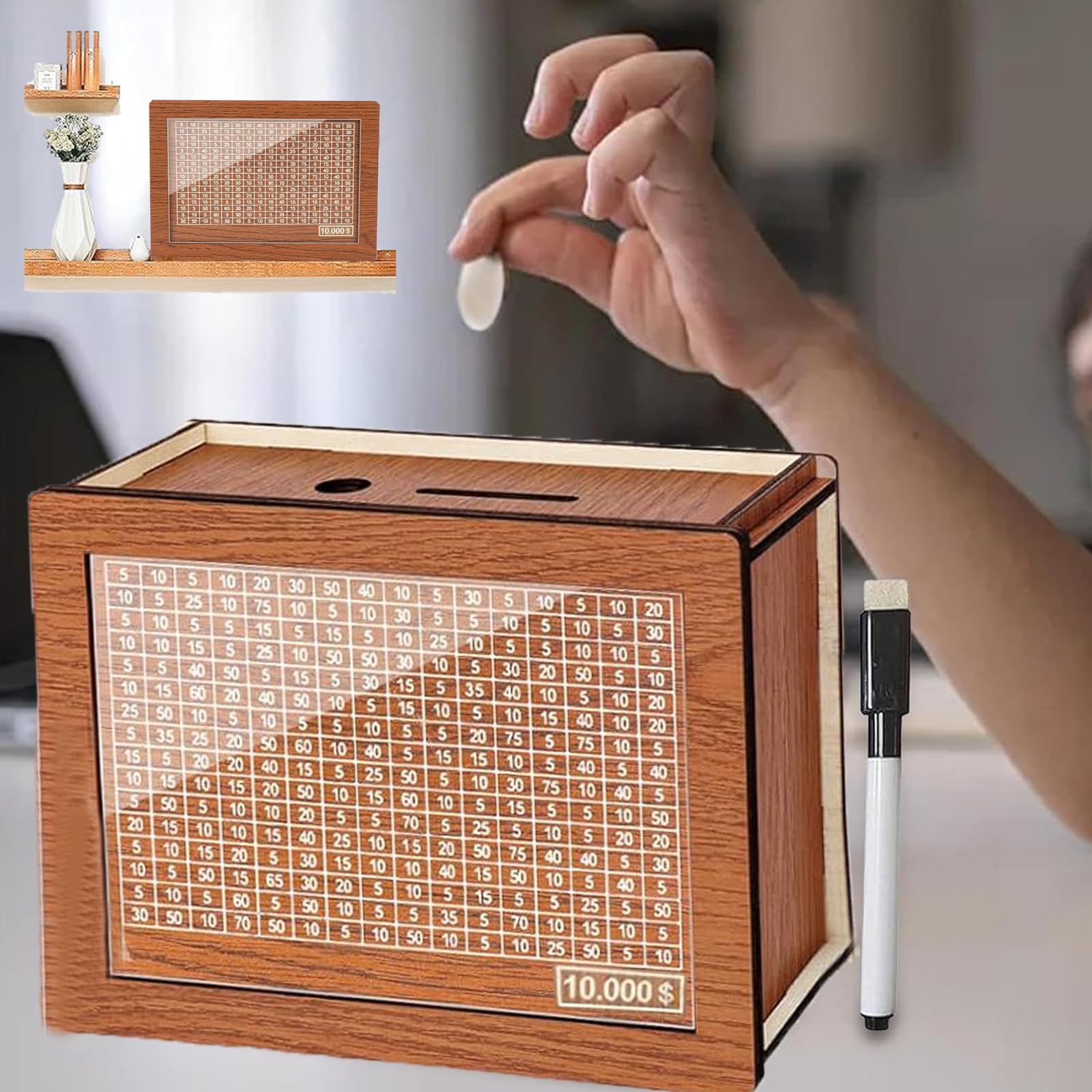 Cash Vault Wooden Savings Box,10000 Savings Challenge Box, Money Saver Box 10k Smash,Piggy Bank for Adults with Money Target and Numbers (10000 Dollar)