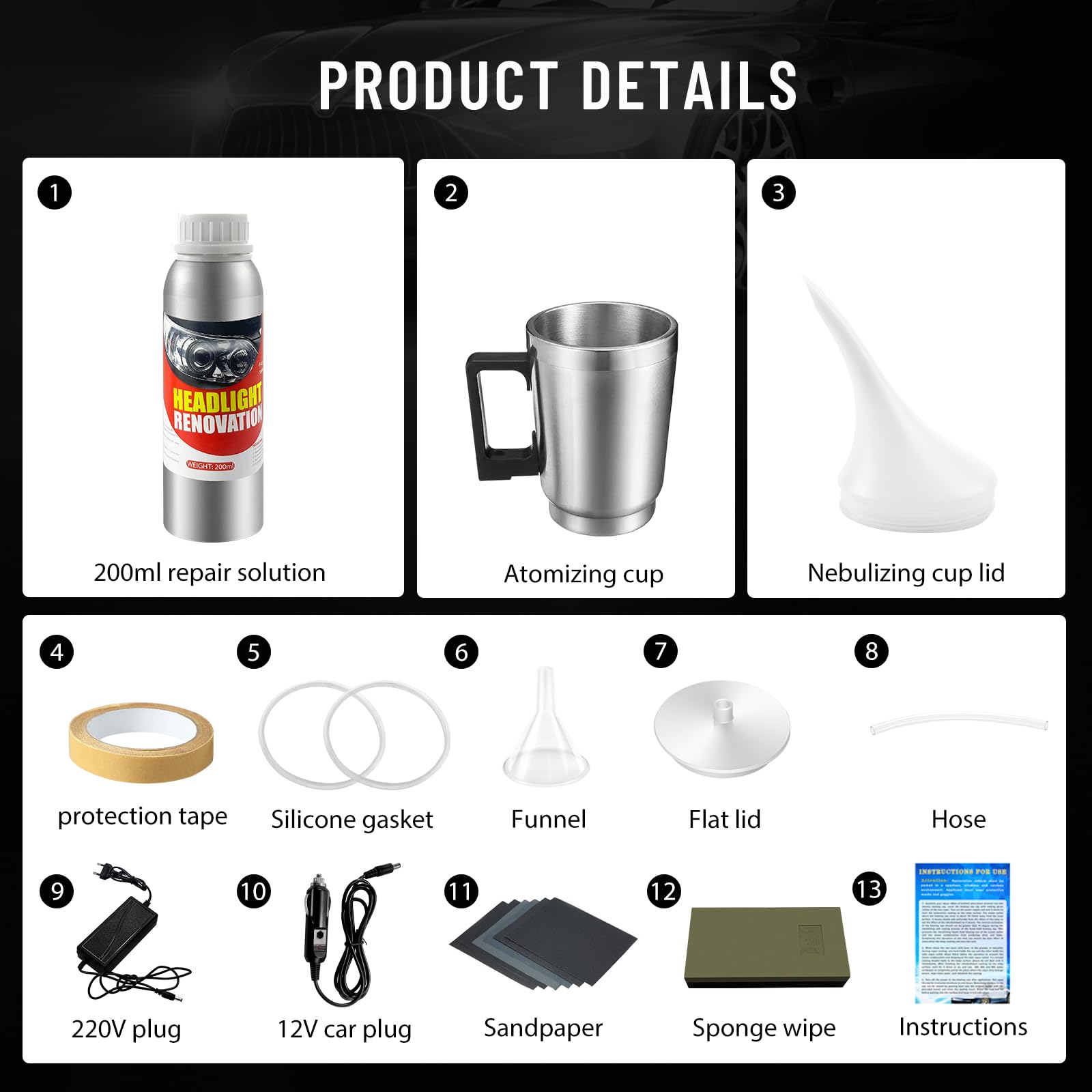 Kit Renovation Phare Voiture 200ml, Kit de rénovation de phares de Voiture avec Tasse d'atomisation, Kit Polissage jaunissement Flou Scratch du Phares des Auto et de Moto