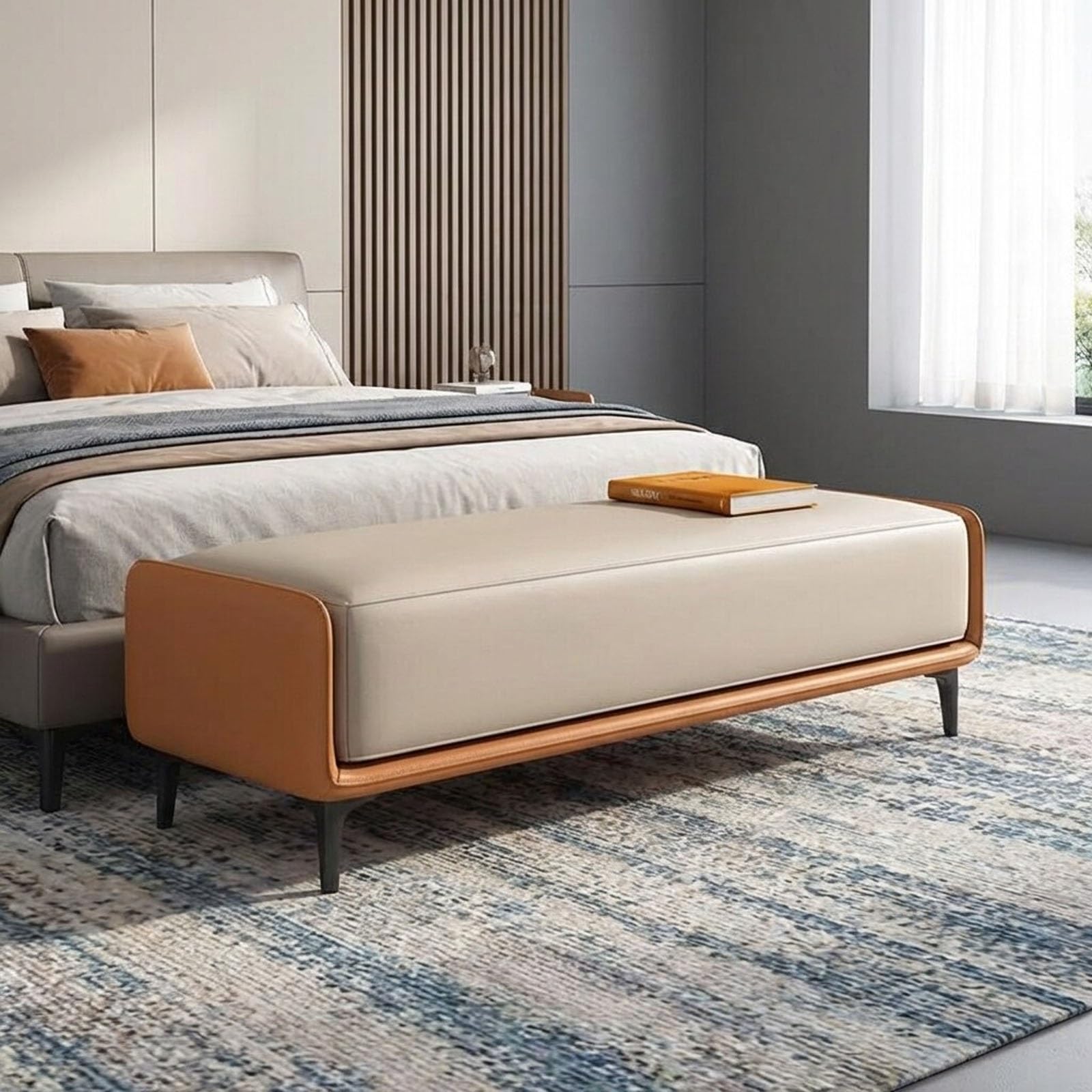 Pouf ottoman moderne en cuir synthétique avec triple couche de mousse polyvalente pour salon et chambre à coucher 120 cm