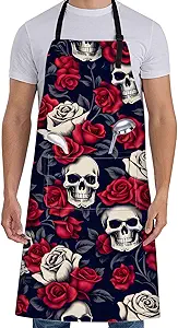 Gothic Skull Apron for Women with Rose,28x33in,Goth Kitchen Aprons with 2 Pockets, Oxford Fabric,Bold Halloween Adjustable Apron for Cooking Baking Gardening Chef,Gifts for Mom Wife