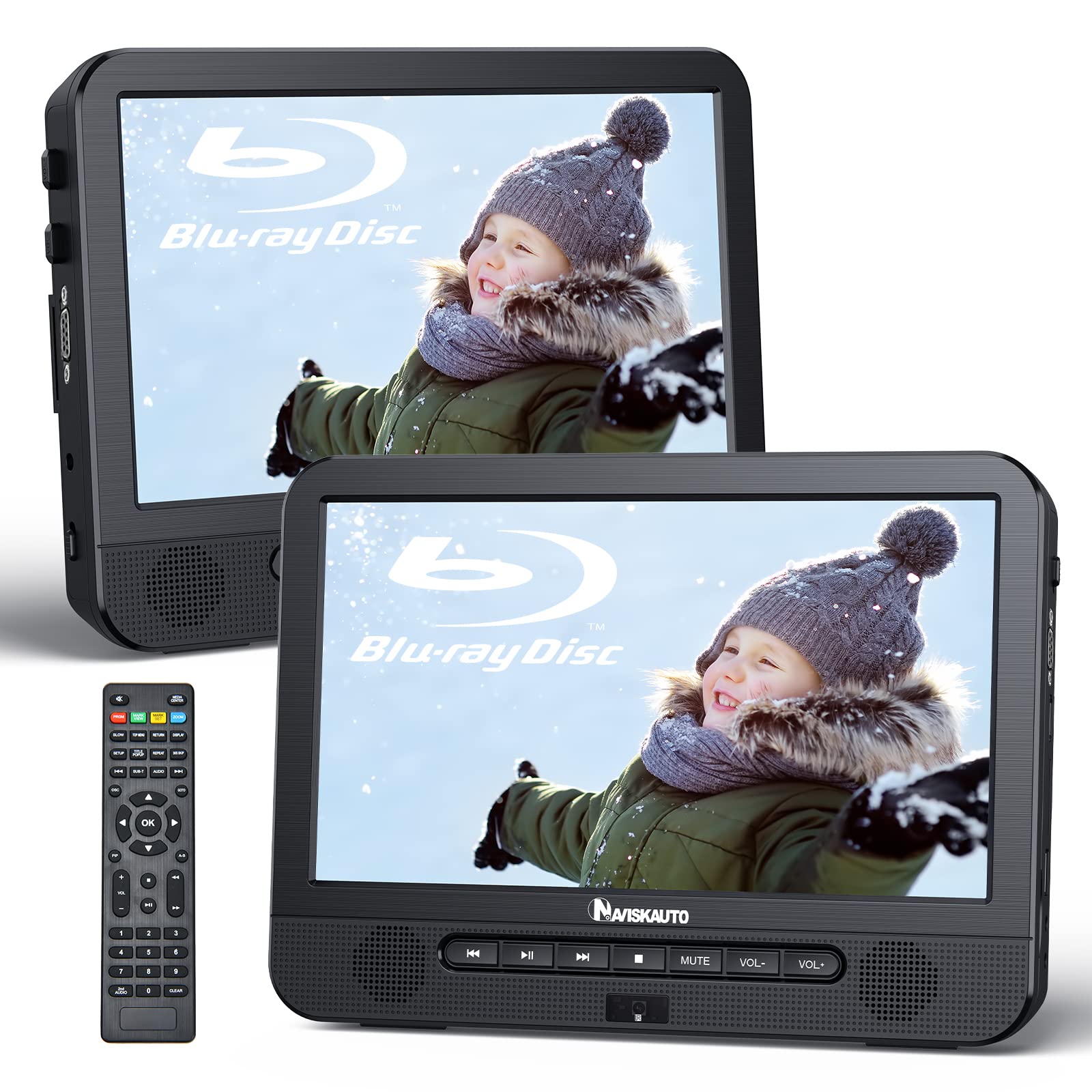 NAVISKAUTO 10.1'' Portable Blu Ray Player for Car with Rechargeable Battery, Dual Screen Blu Ray DVD Player Support 1080P Video, Dolby Audio, HDMI Out, Sync Screen, Last Memory, Region Free, USB/SD