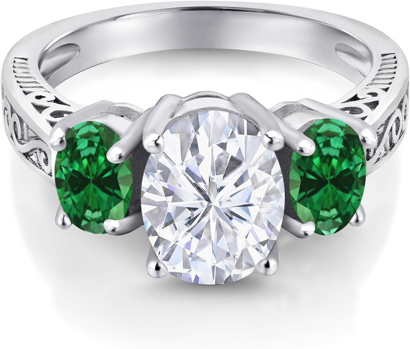 Gem Stone King 2.80 Cttw White Moissanite and Green Created Emerald 3-Stone Engagement Ring for Women | 925 Sterling Silver | 3 Stone Wedding Anniversary Promise Ring For Women - Image 3
