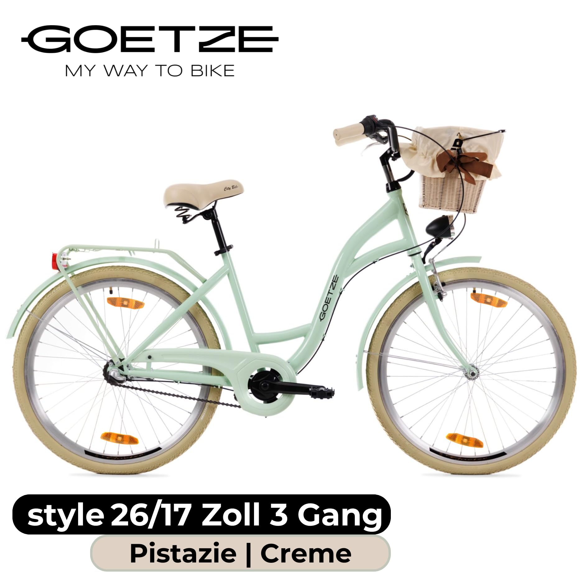 Goetze Style 26 Zoll Citybike, 17 Zoll Tiefeinsteiger Rahmen, 3-Gang Nabenschaltung, Rücktrittbremse, V-Bremse vorne, LED-Beleuchtung, Rattankorb, Komfortsattel, mit Seitenständer & Klingel