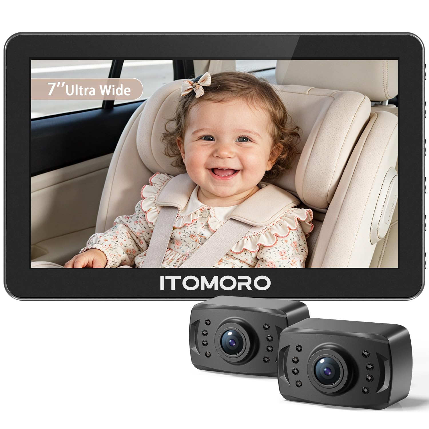 Itomoro Rear Facing Mirrors, 2 Kids Baby Car Camera, 7'' Ultra Wide 1080P HD Display with 2 IR Night Vision Cameras, 150° Wide Angle, 360° Rotatable,
