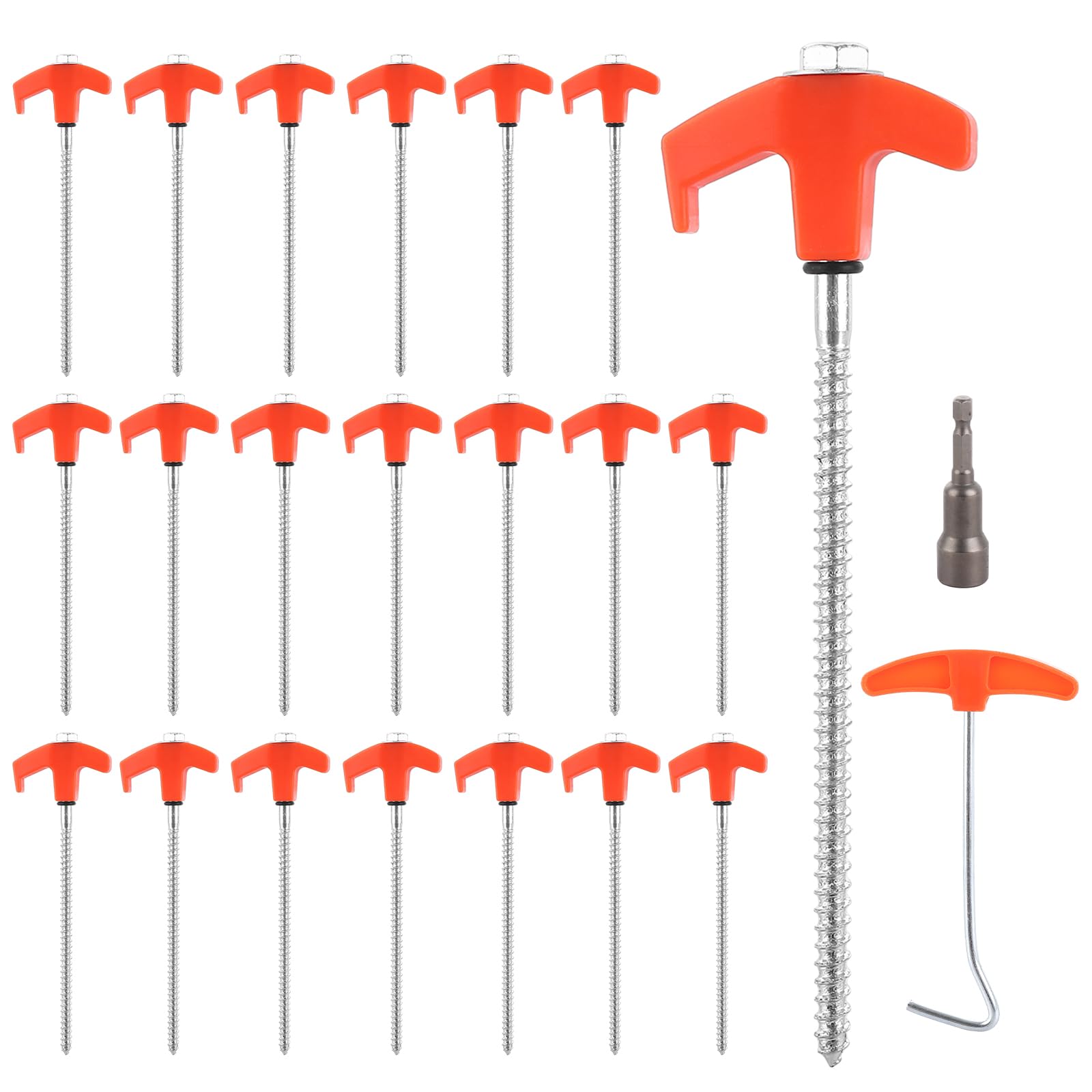 LOLYSIC 20PCS Tent Pegs Metal Heavy Duty, 8x200mm Screw in Tent Pegs for Hard Ground Rock Awning Pegs for Caravan Motorhome, Luminous Head Tent Peg Set with Drill Socket, Peg Puller and Storage Box