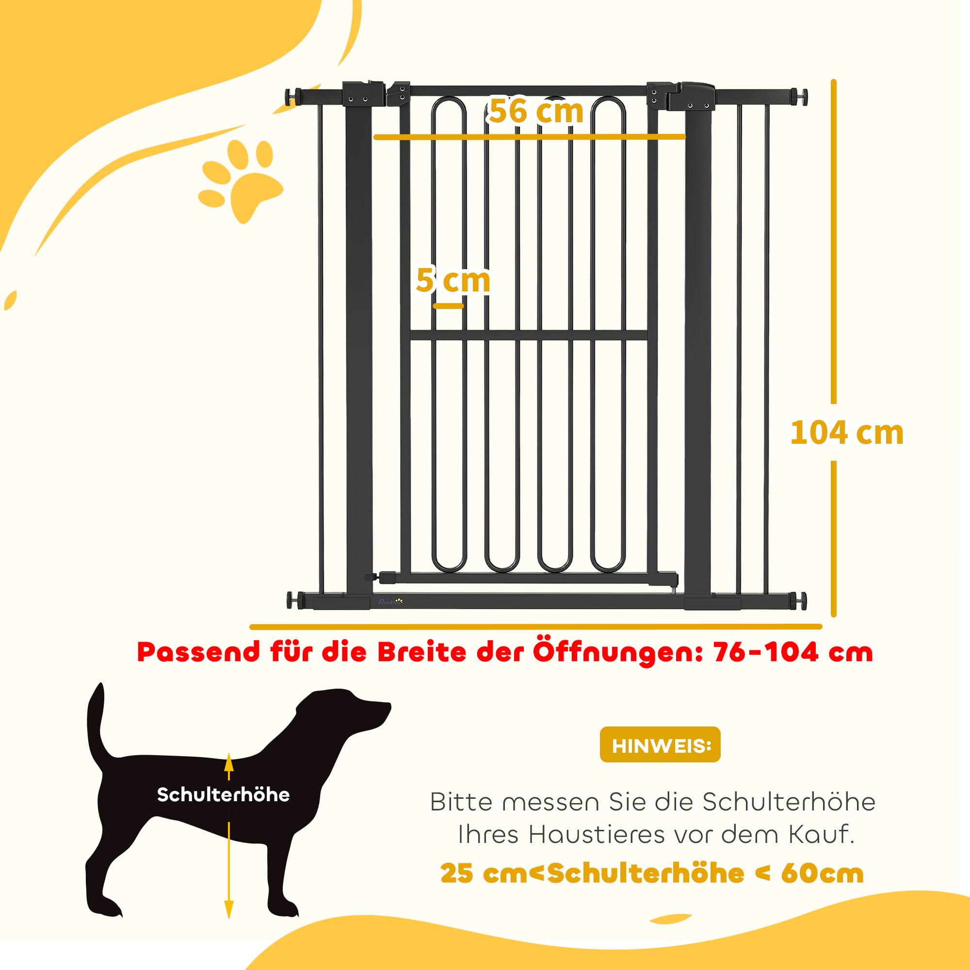 PawHut Barrera de Seguridad para escaleras Barrera de Seguridad para Puertas Barrera de Seguridad sin taladrar 76-104 cm Barrera de Seguridad de Acero para Perros, Mascotas escaleras, Puertas, Negro