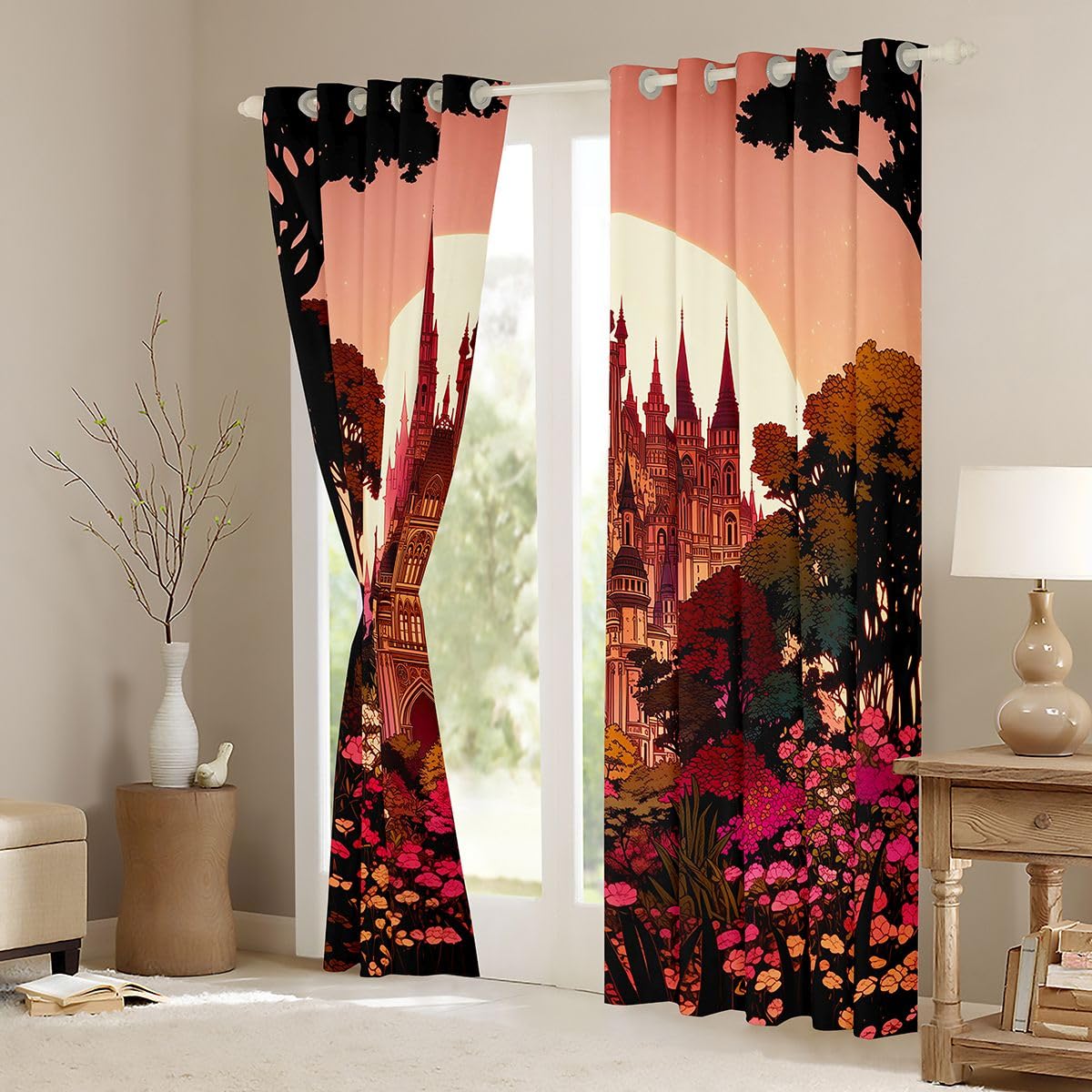 Homewish Tende per finestre al tramonto, 168 x 228 cm, set di 2 pannelli, tende oscuranti con castello, rose, margherite, fiori, alberi, principessa, tende per finestre, stelle, paesaggio, erba, per