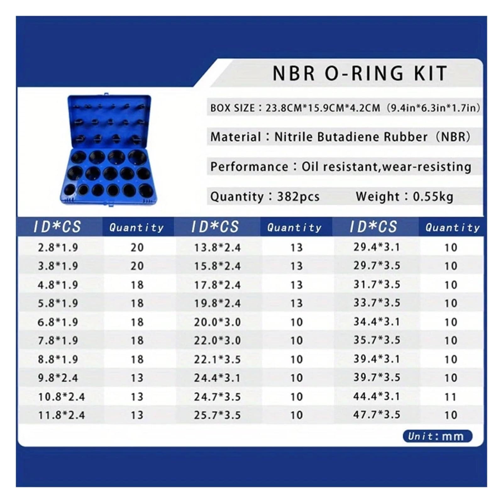 Anillo de goma negro, junta tórica de nitrilo de tamaño 30, arandela de sellado, junta tórica NBR, juego surtido rojo/azul/amarillo, caja,Material Confiable(Blue Set Kit Box)